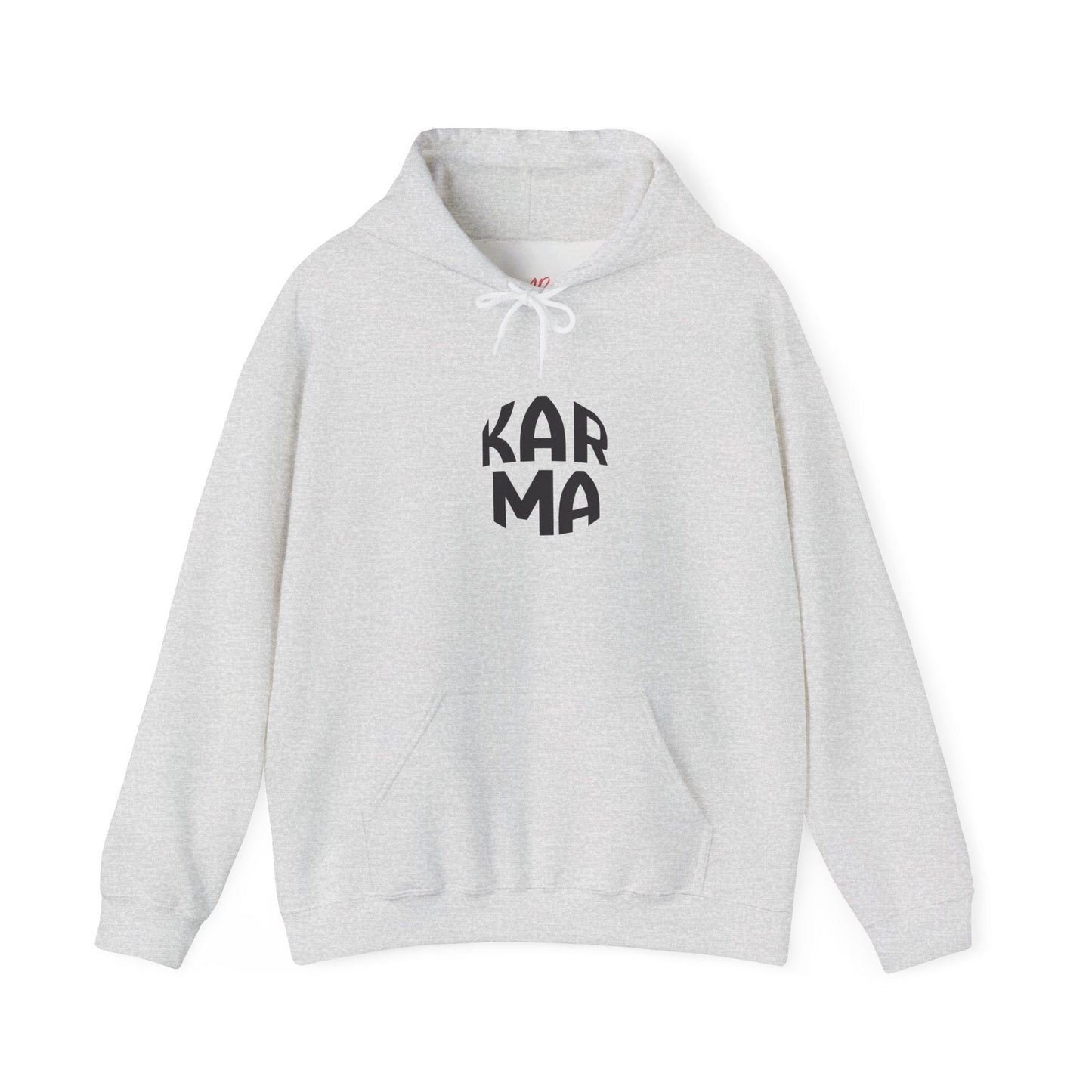 Gray hoodie with 'Karma' text on a white background