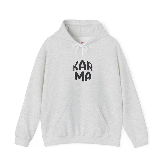 Gray hoodie with 'Karma' text on a white background
