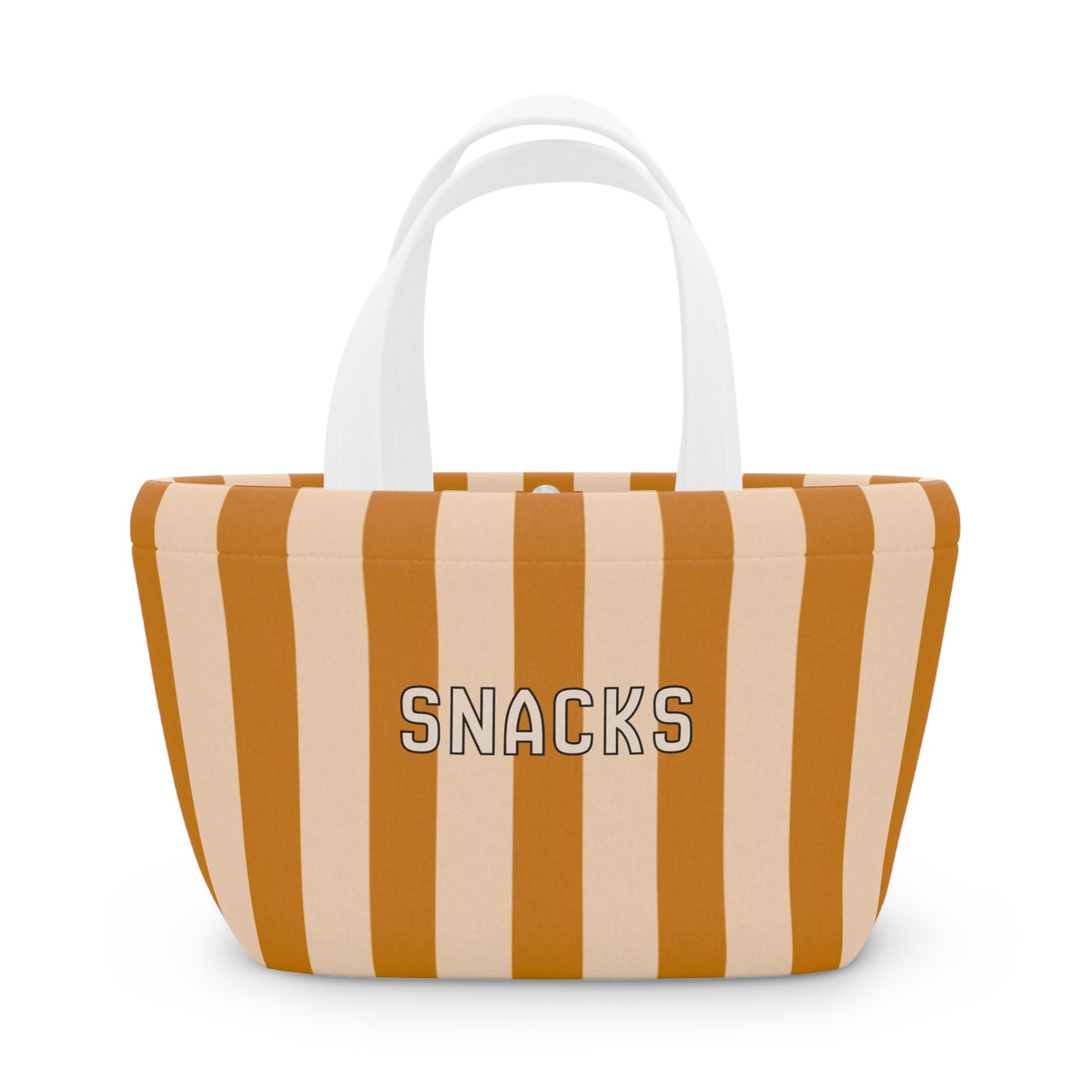 Striped bag with 'SNACKS' text on a white background