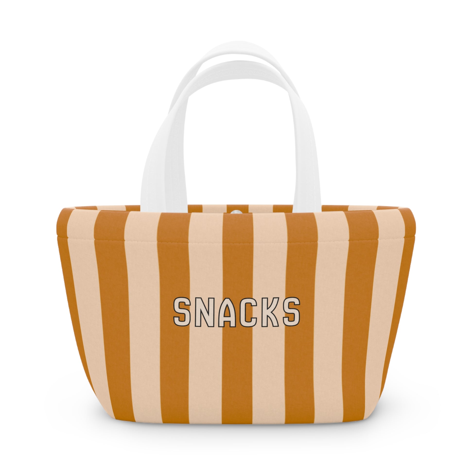 Striped bag with 'SNACKS' text on a white background