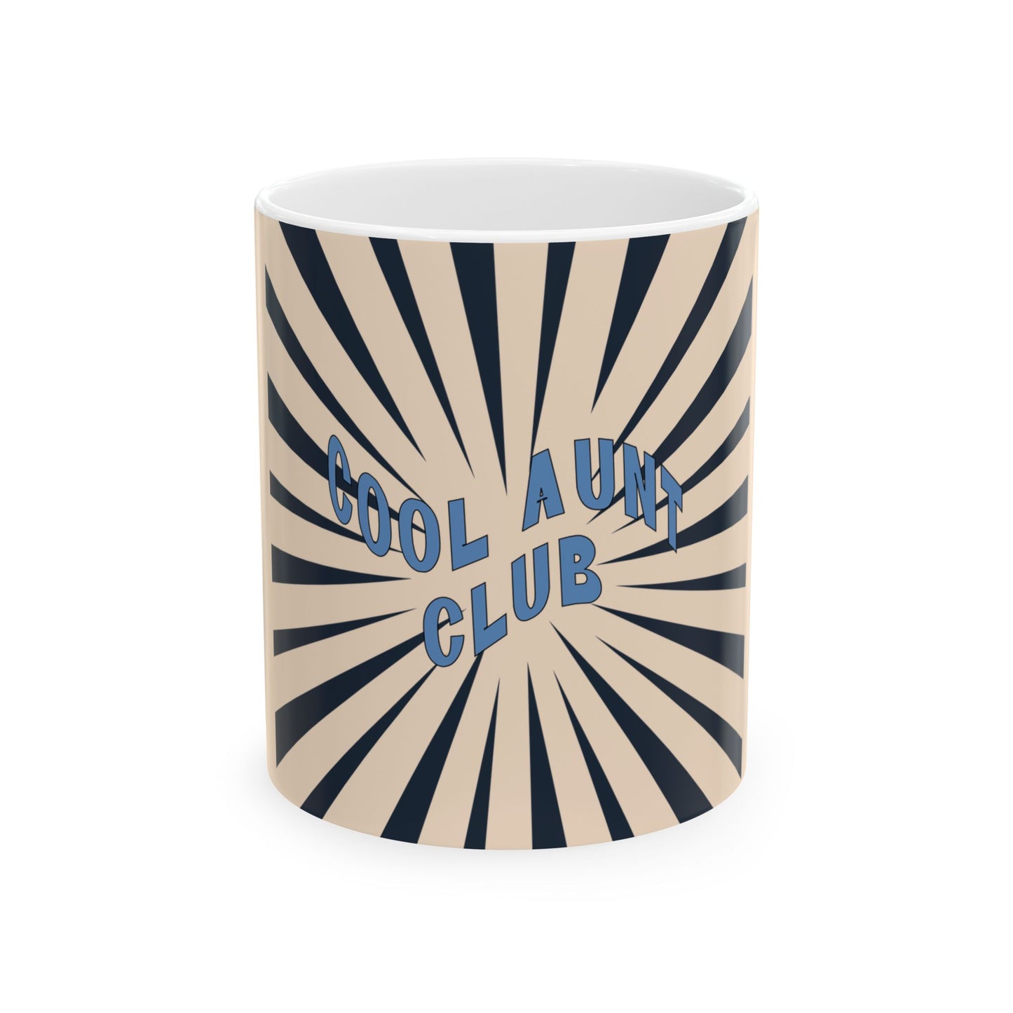 Mug with 'Cool Aunt Club' text on a sunburst pattern