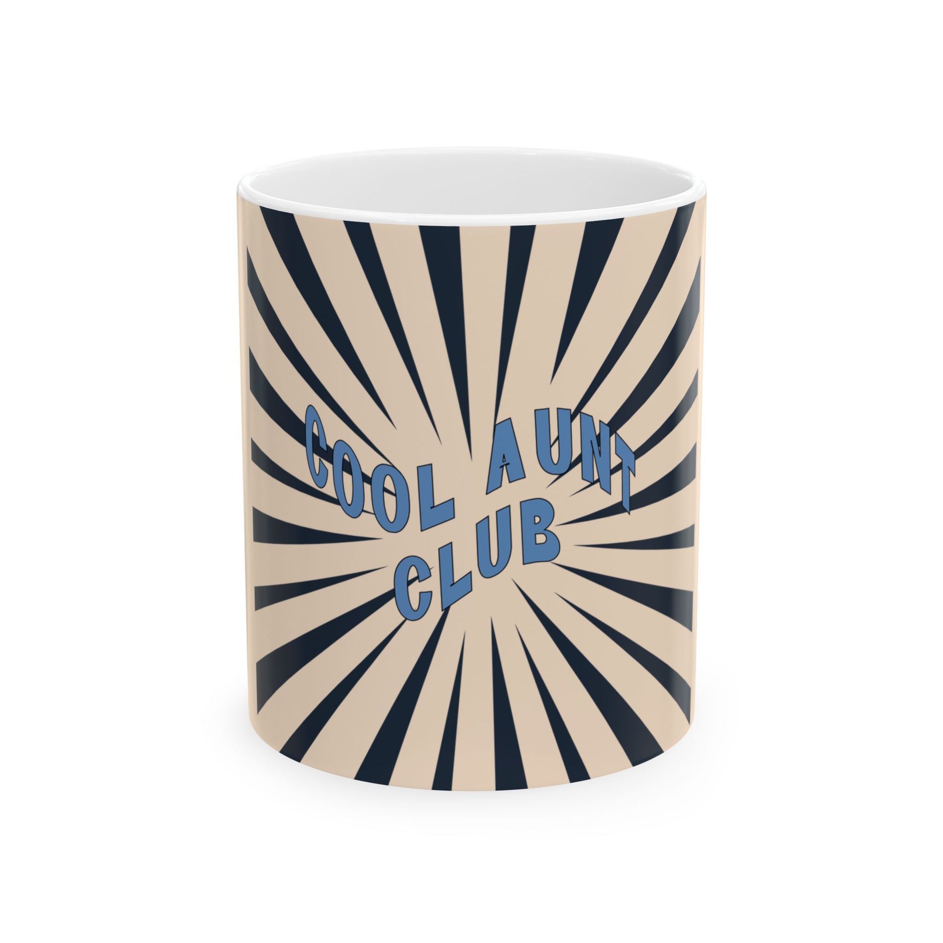 Mug with 'Cool Aunt Club' text on a sunburst pattern