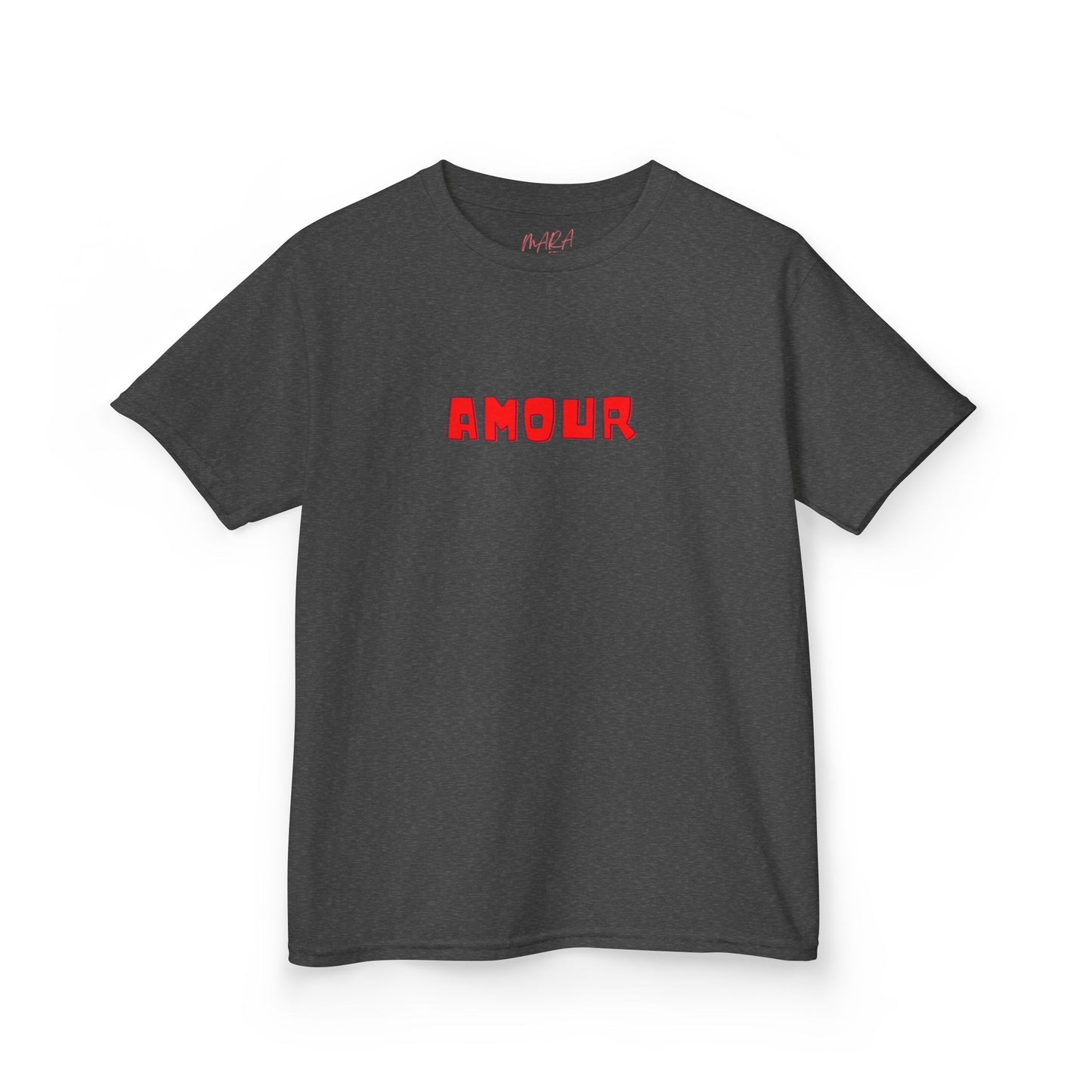 Gray t-shirt with red 'AMOUR' text on a white background