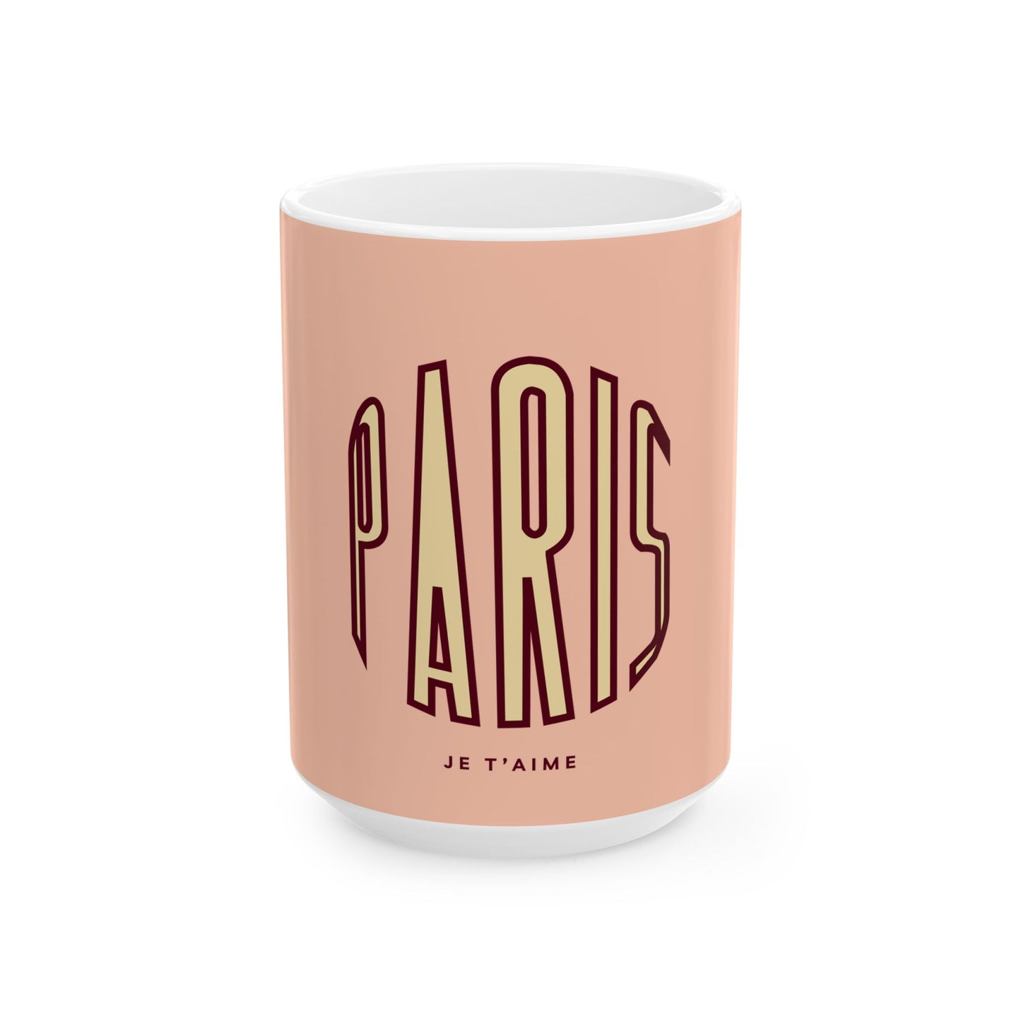 Mug with 'PARIS JE T'AIME' text on a pink background