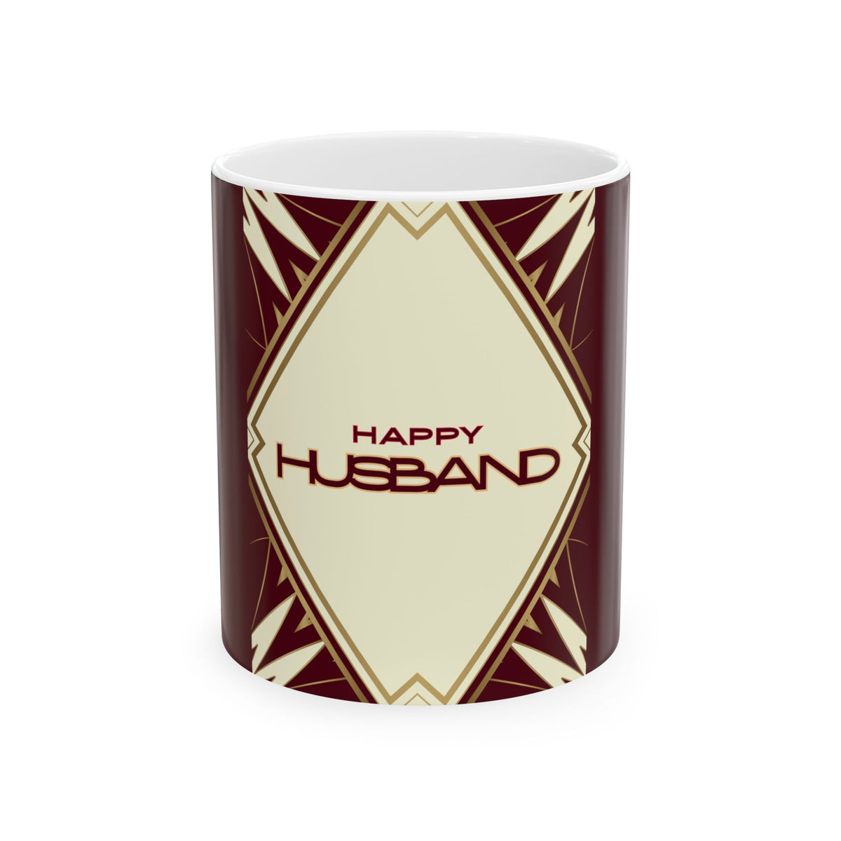 A white ceramic mug featuring a retro art deco design with a cream-colored central diamond shape outlined in gold, surrounded by a deep burgundy border with geometric patterns. The text 'HAPPY HUSBAND' is printed in burgundy inside the central diamond.