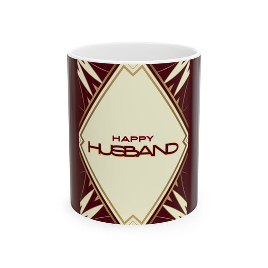 A white ceramic mug featuring a retro art deco design with a cream-colored central diamond shape outlined in gold, surrounded by a deep burgundy border with geometric patterns. The text 'HAPPY HUSBAND' is printed in burgundy inside the central diamond.
