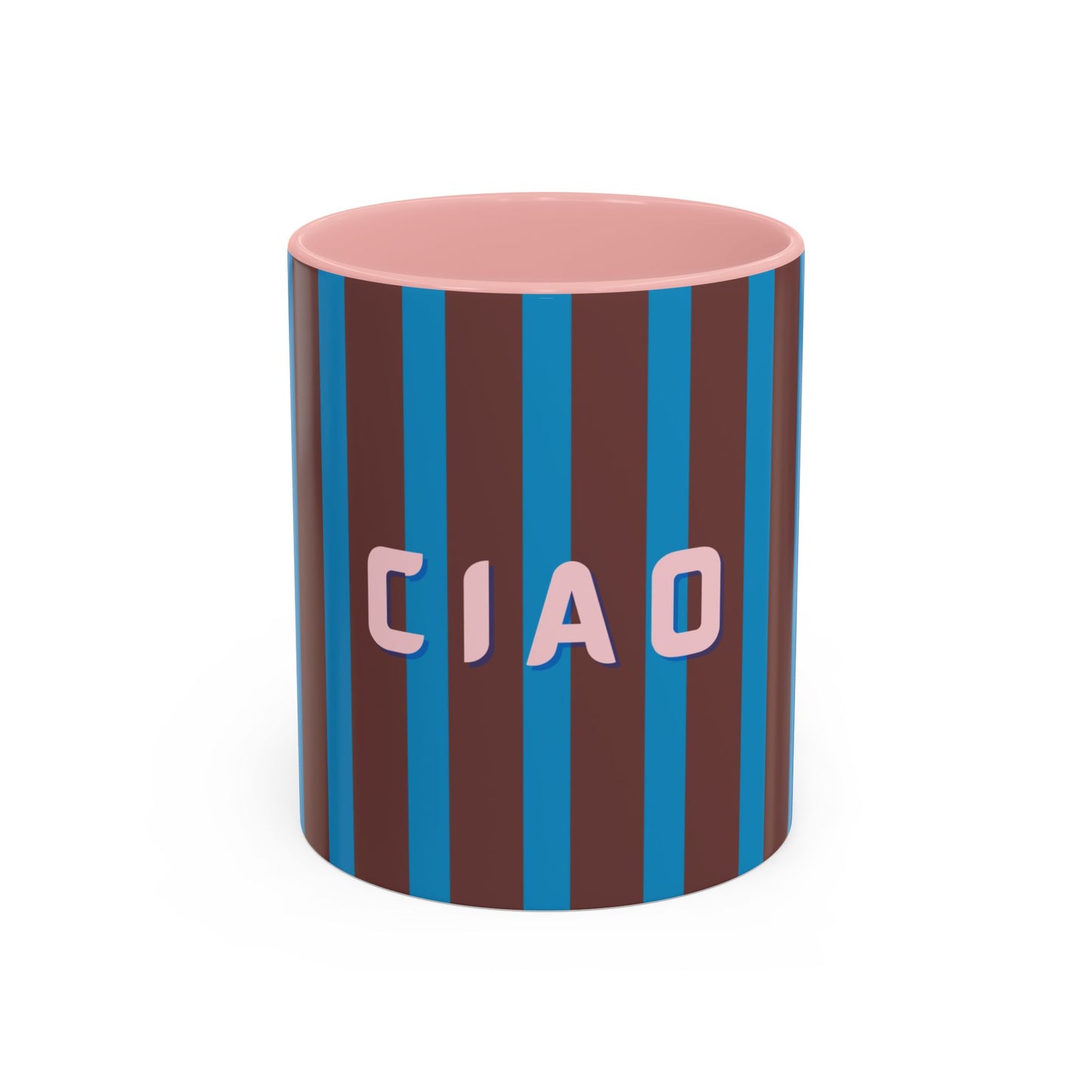 Cylindrical container with blue and brown stripes and pink 'CIAO' text on a white background