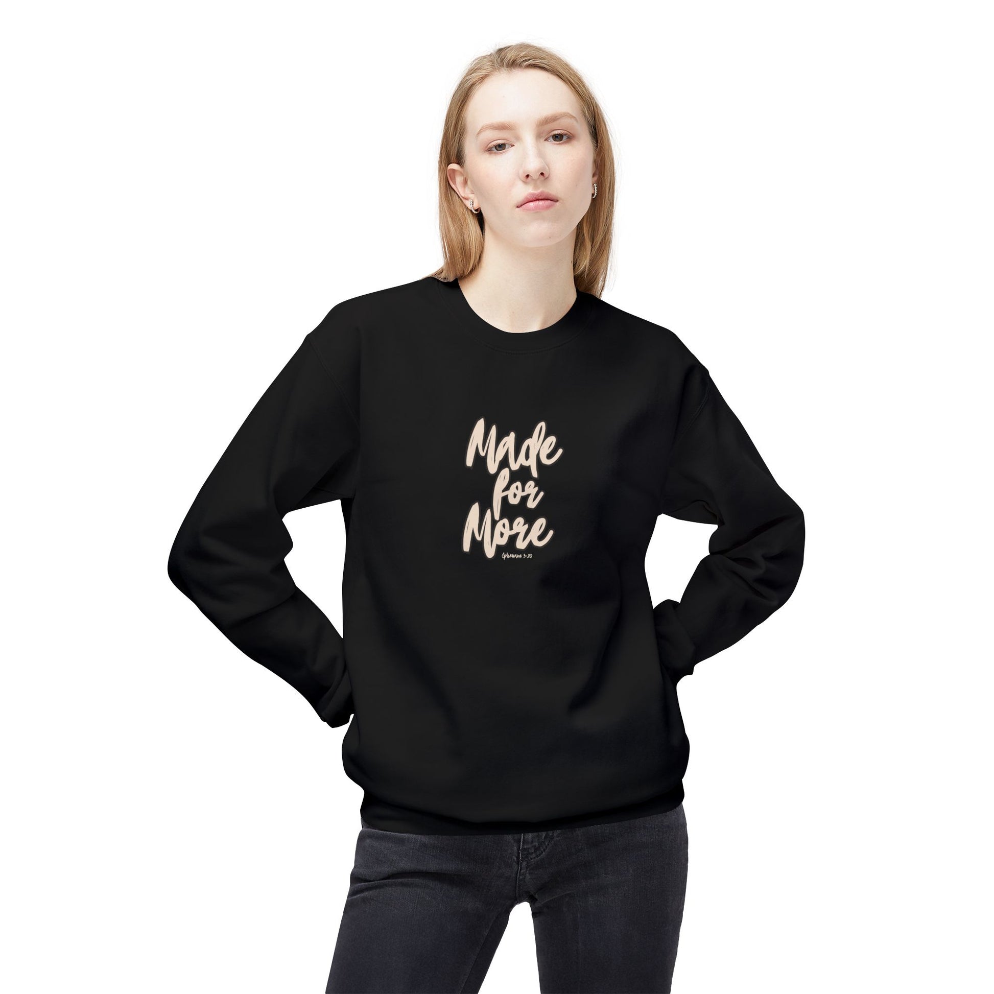 Person wearing a black sweatshirt with 'Made for More' text on a white background