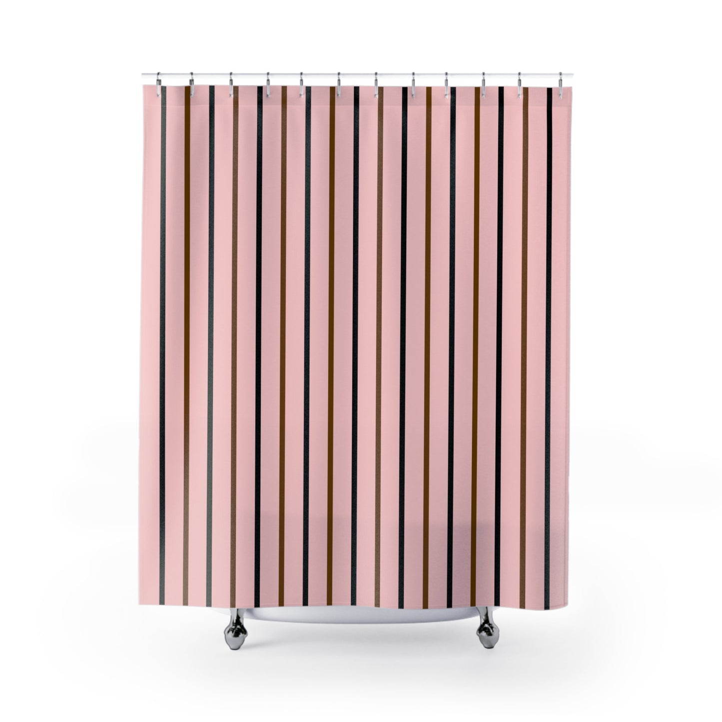 Striped shower curtain with pink, brown, and black vertical stripes on a white background