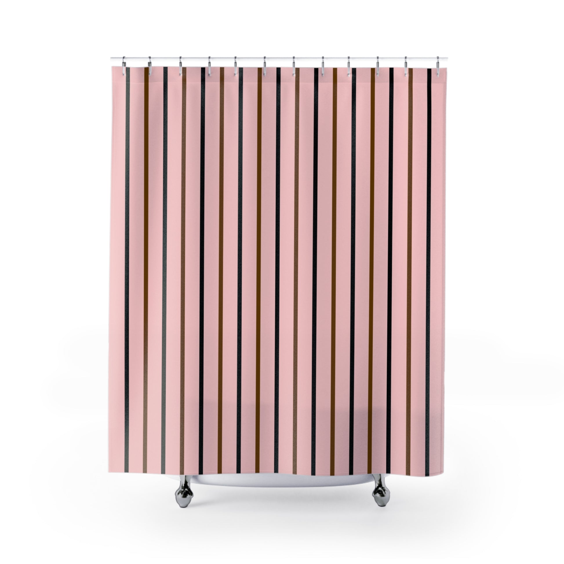 Striped shower curtain with pink, brown, and black vertical stripes on a white background