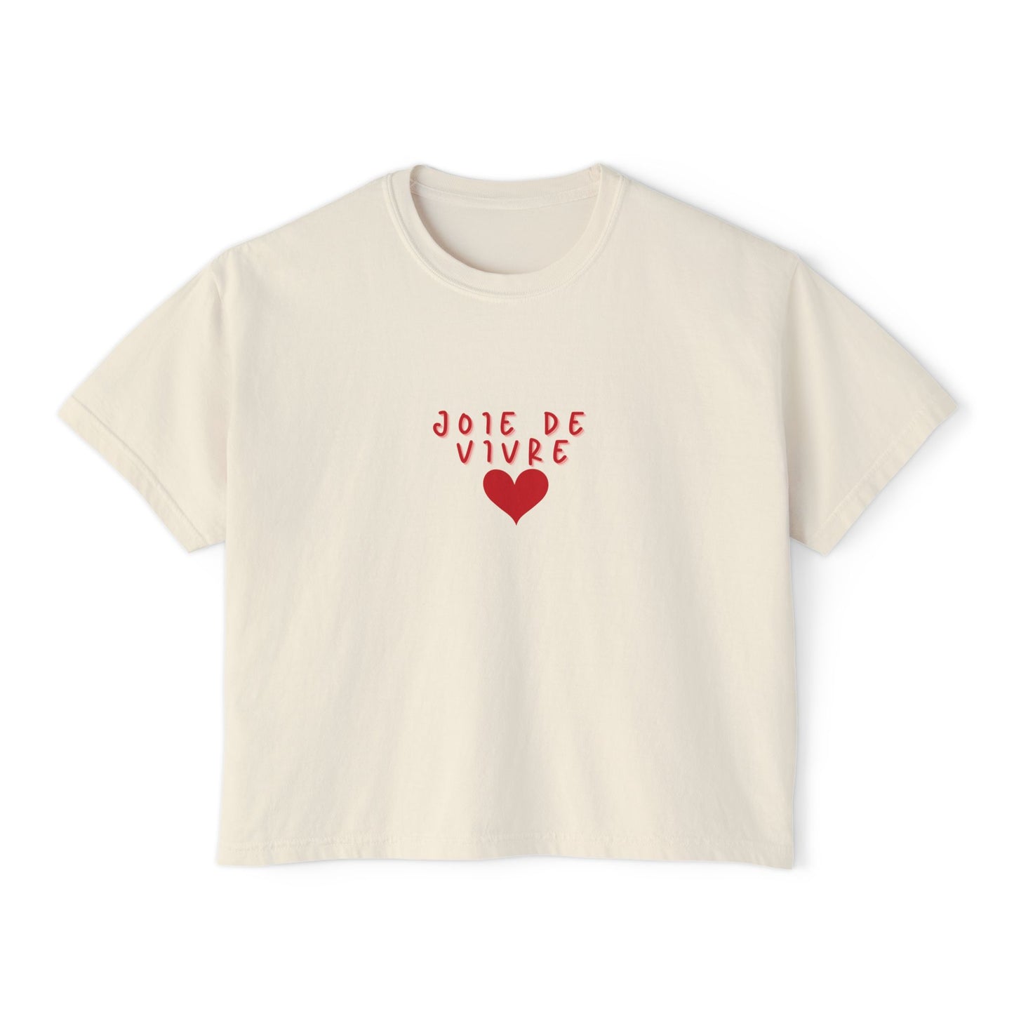 Beige t-shirt with red text and heart on a white background
