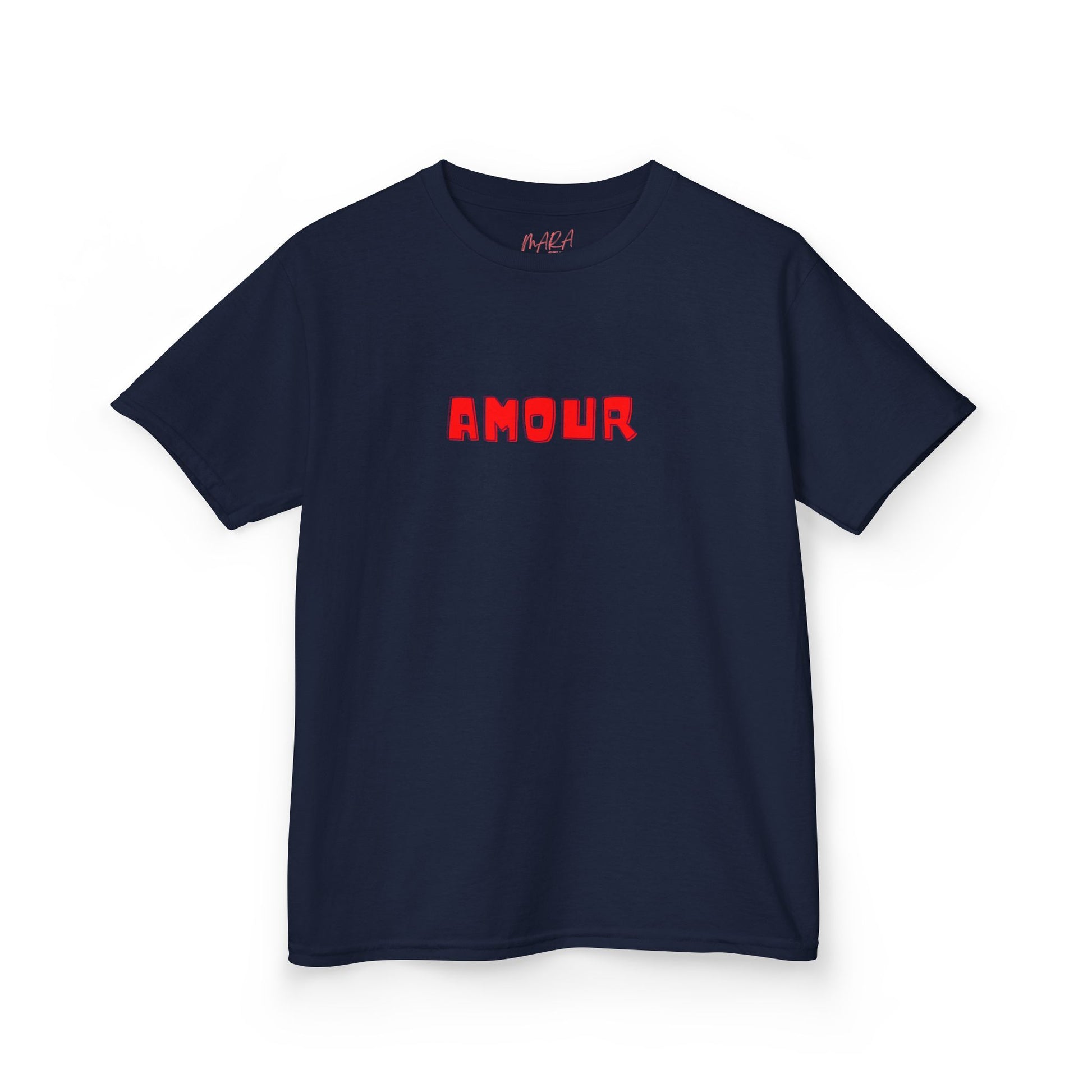 Navy blue t-shirt with red 'AMOUR' text on a white background
