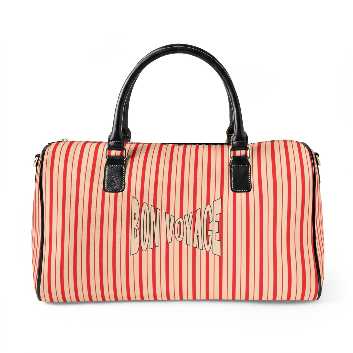 Modern Preppy Leather Travel Bag, BON VOYAGE – RED Striped Weekender Duffle