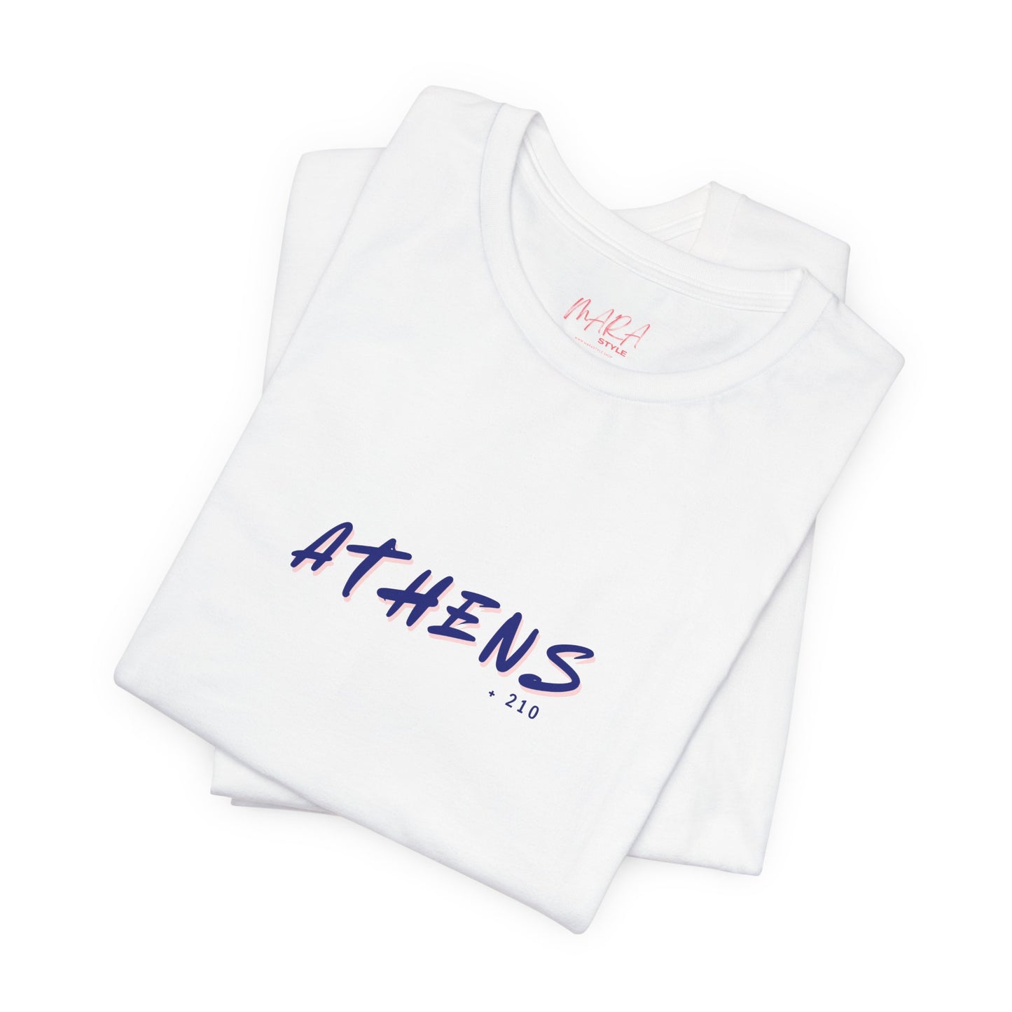 White t-shirt with 'ATHENS 210' printed on it, folded and displayed against a white background.