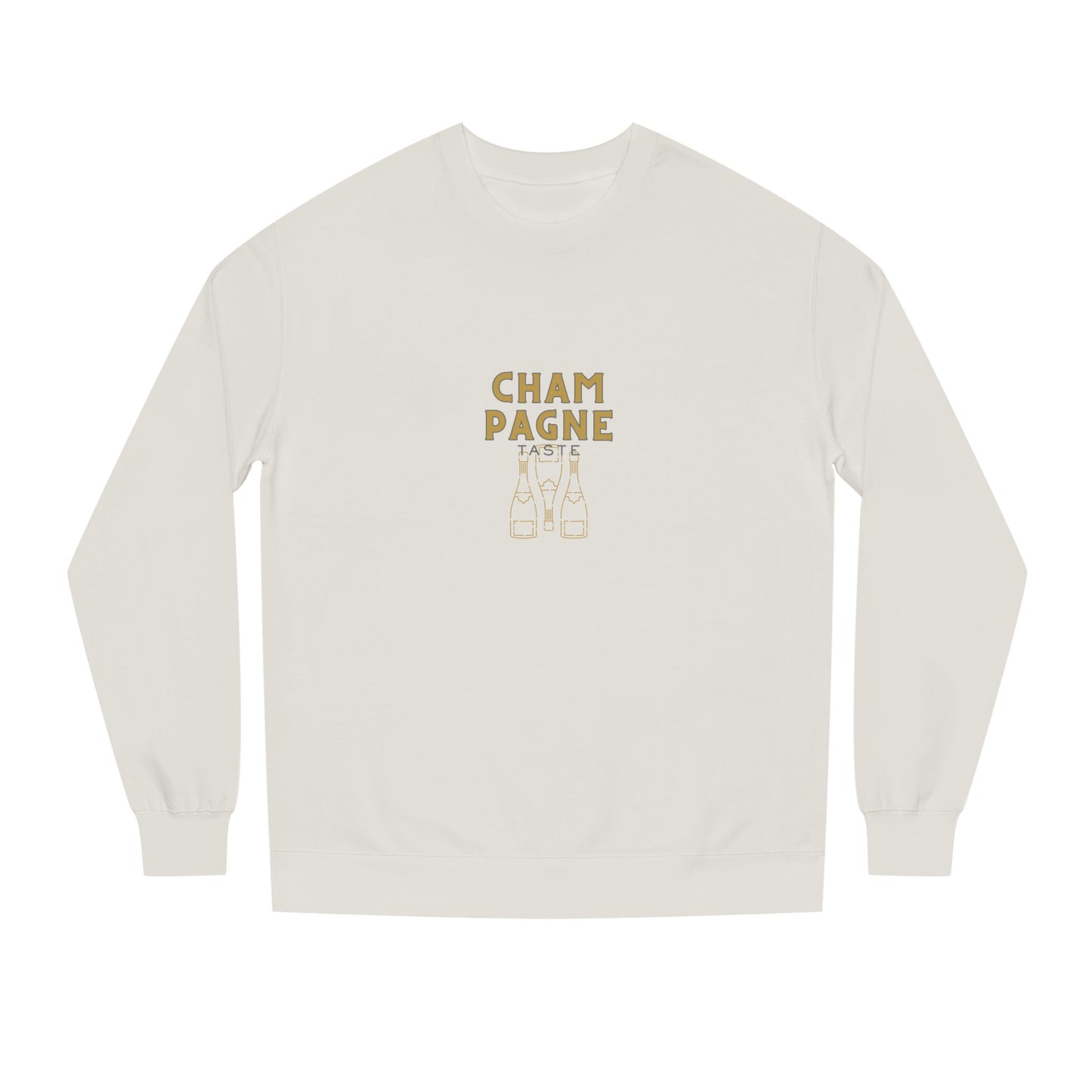 Beige long-sleeve shirt with gold text on a white background