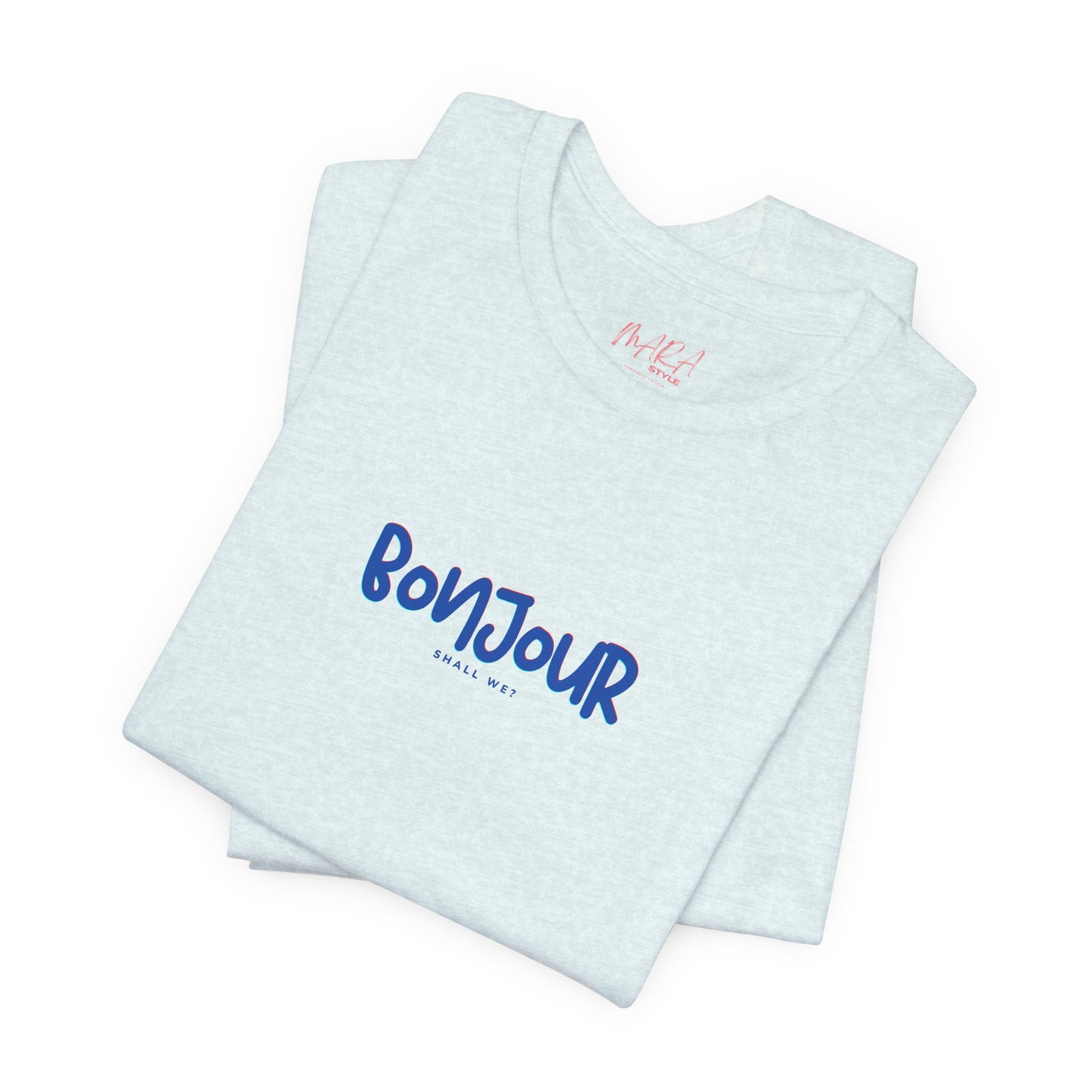 Light blue tank top with 'Bonjour' text on a white background