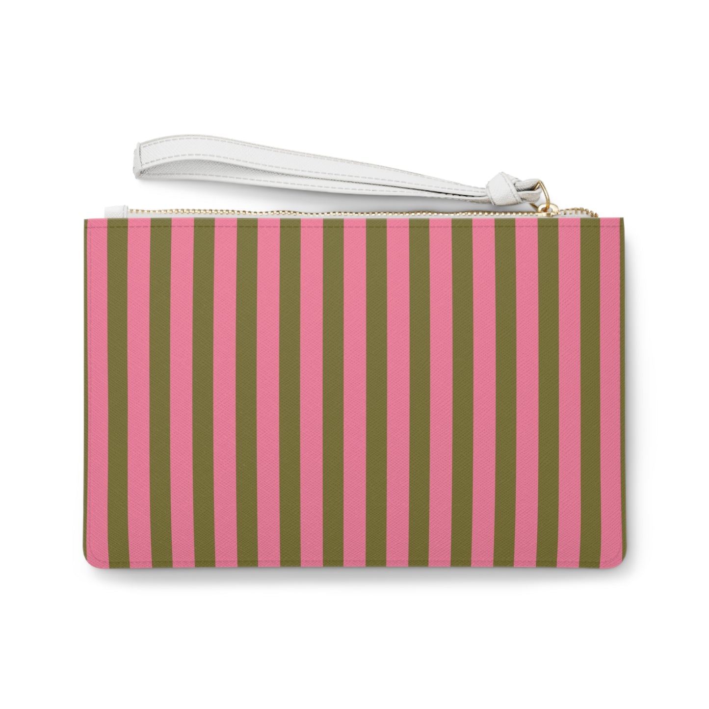 A rectangular wristlet clutch with vertical pink and olive green stripes, featuring a white wrist strap and a gold zipper.