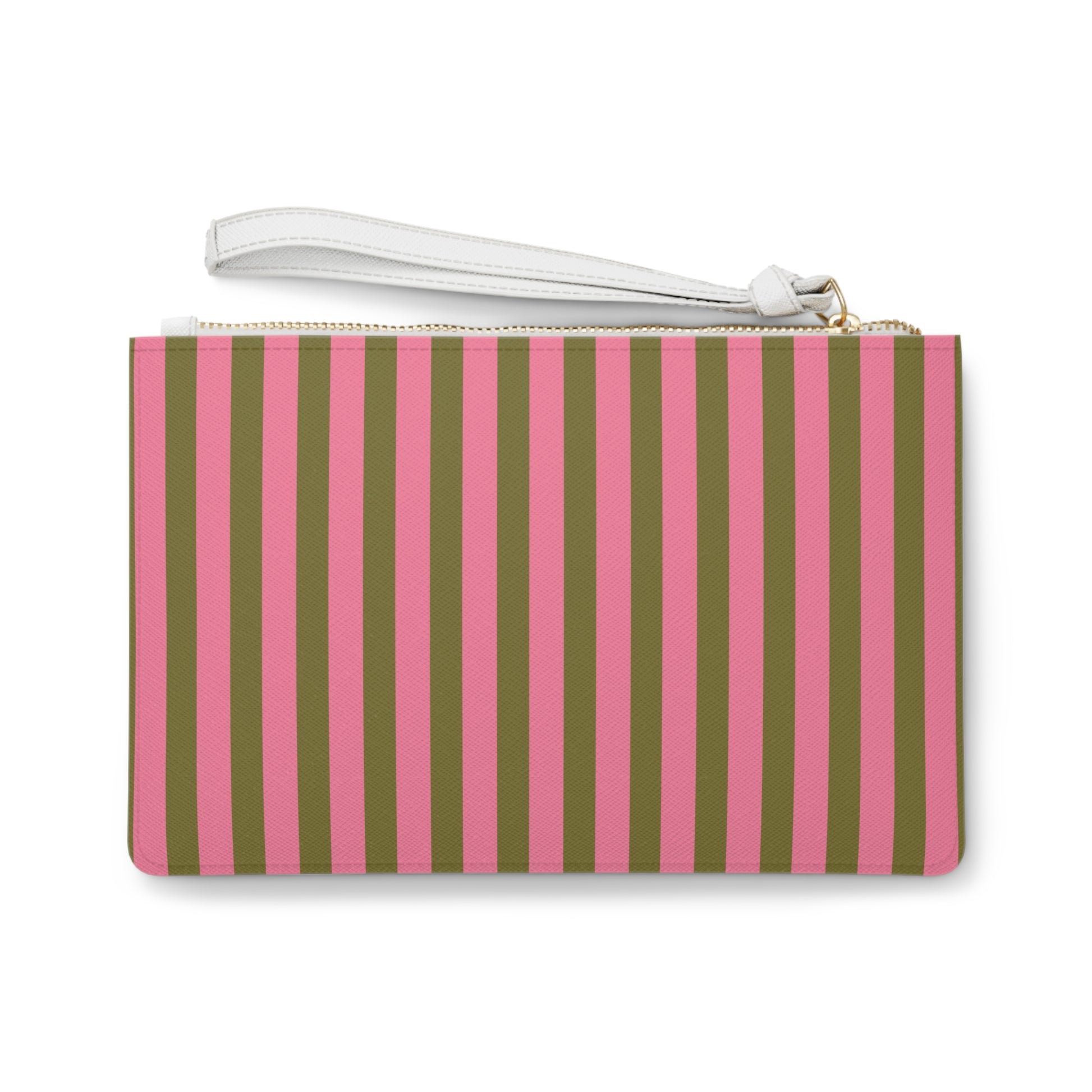 A rectangular wristlet clutch with vertical pink and olive green stripes, featuring a white wrist strap and a gold zipper.