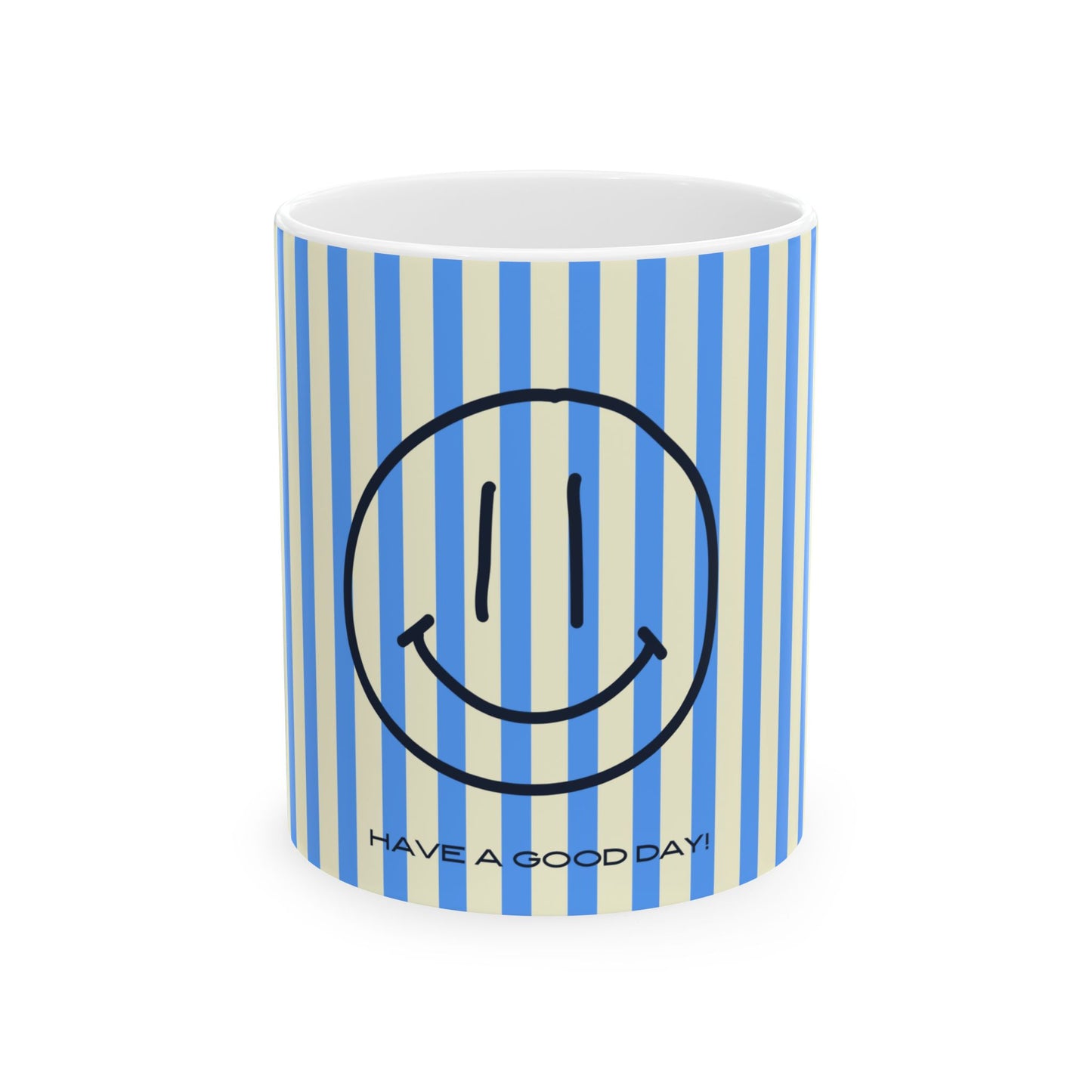 Mug with blue and white striped pattern and smiley face design on a white background