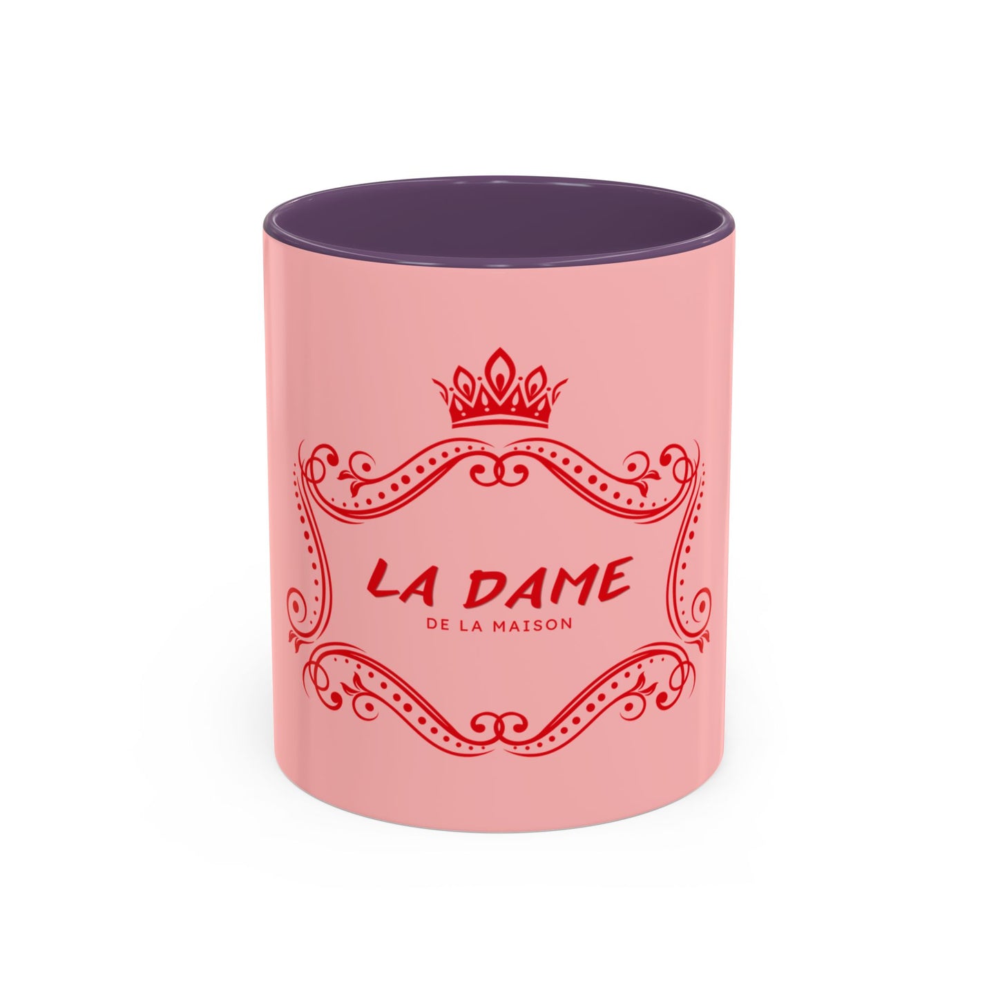 Pink mug with purple interior and 'La Dame de la Maison' text on a white background