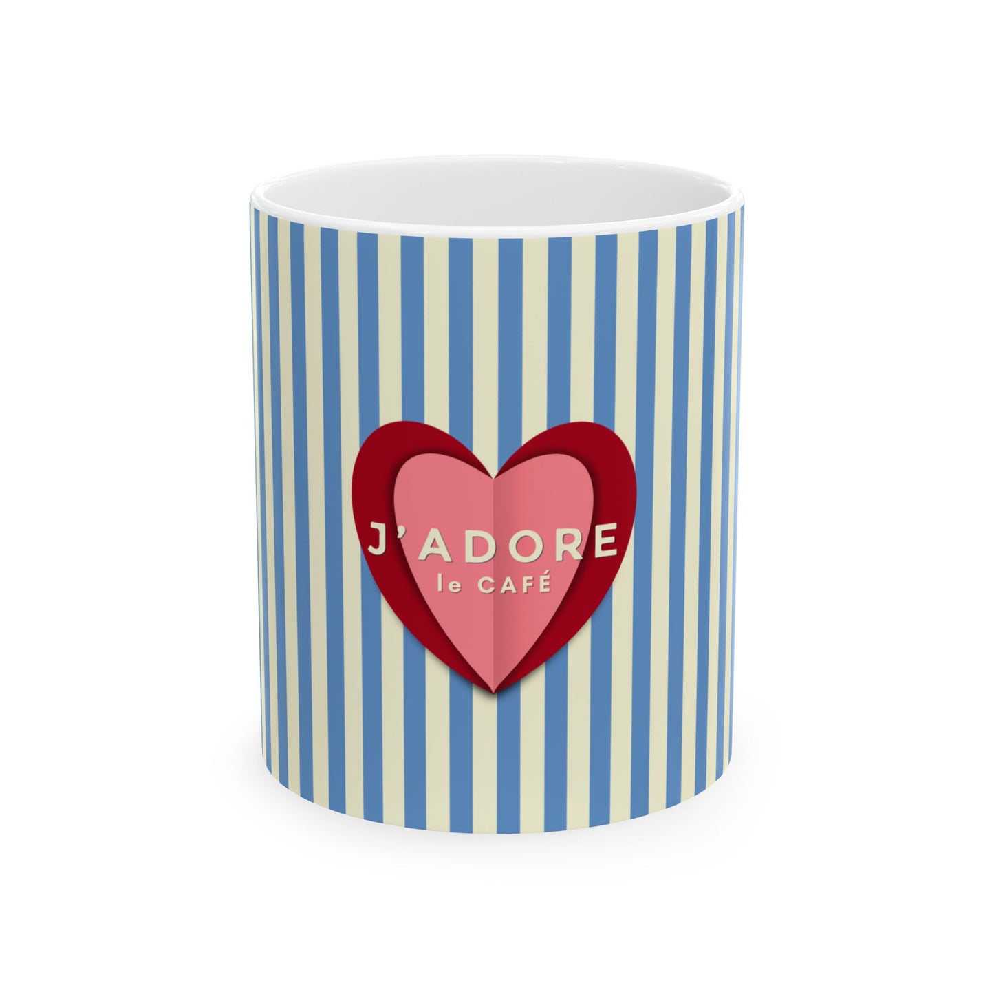 Mug with blue and white striped pattern and red heart with 'J'adore le Cafe' text on a white background