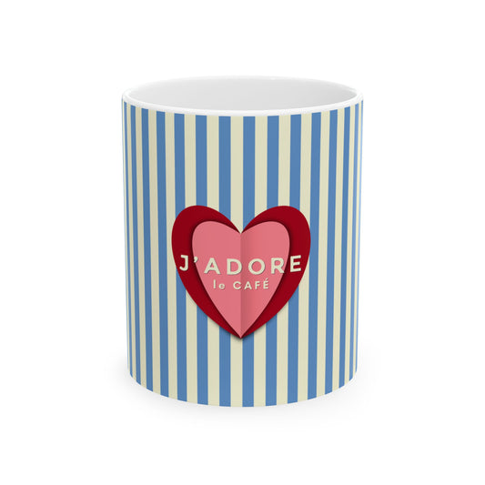 Mug with blue and white striped pattern and red heart with 'J'adore le Cafe' text on a white background