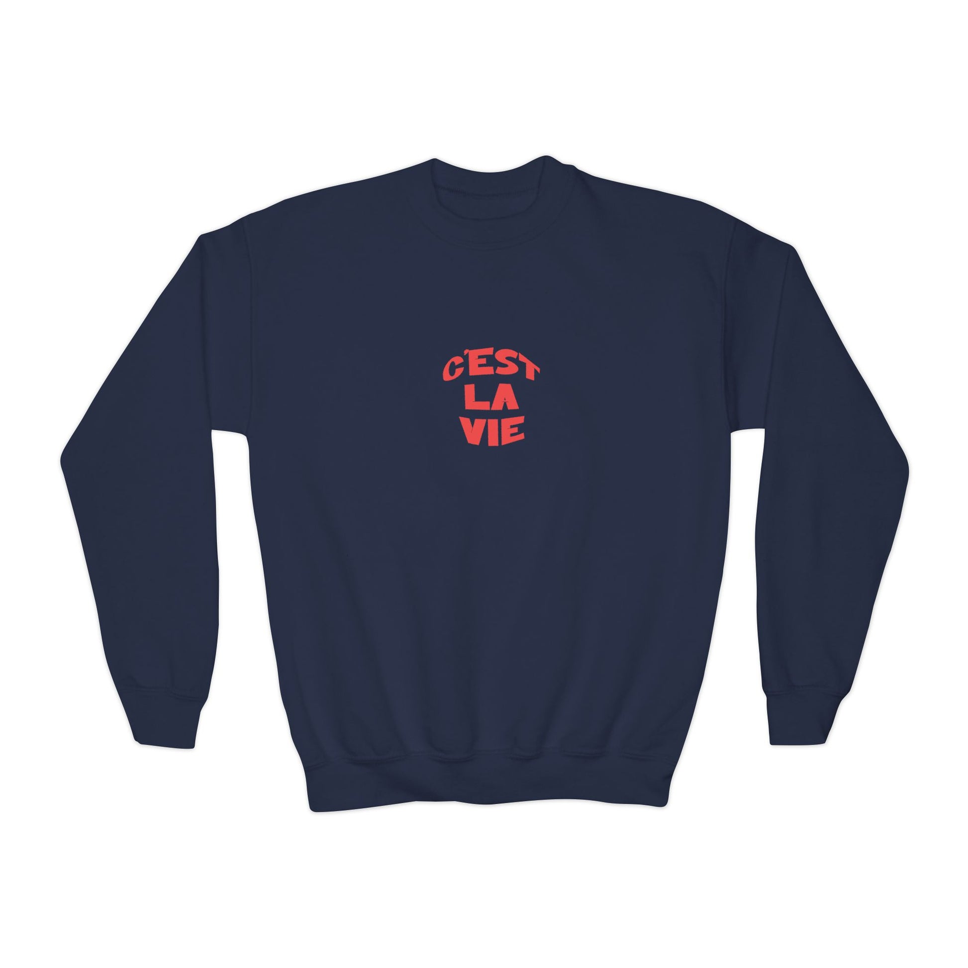 Navy blue sweatshirt with red text 'Cést La Vie' on a white background