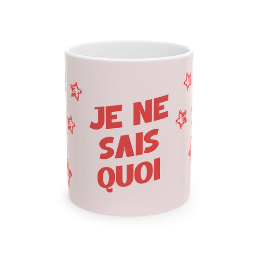 White mug with red text 'JE NE SAIS QUOI' on a white background