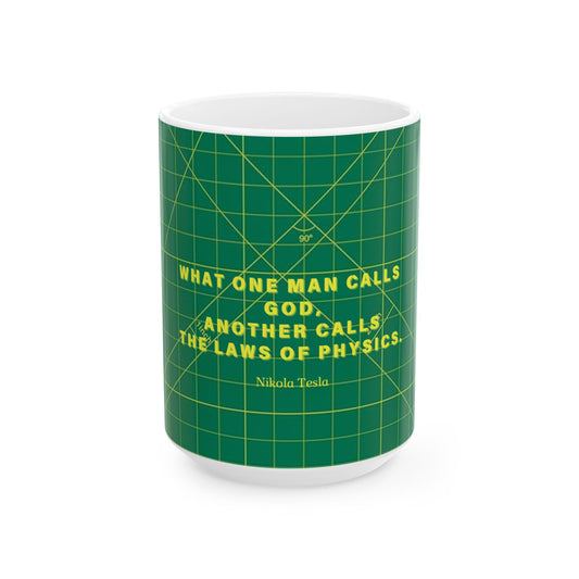 Green mug with yellow text featuring a quote by Nikola Tesla on a white background