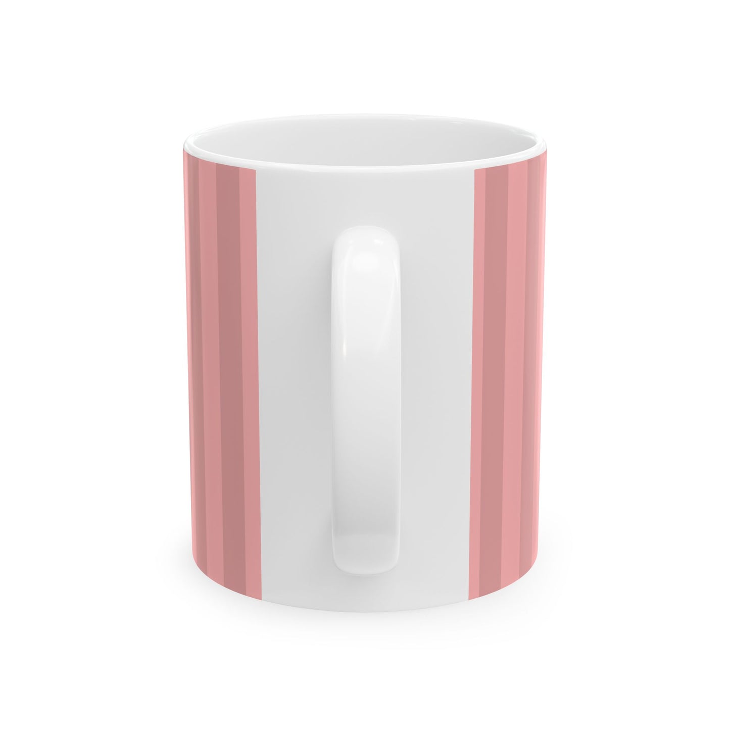 White mug with pink and white geometric pattern on a white background