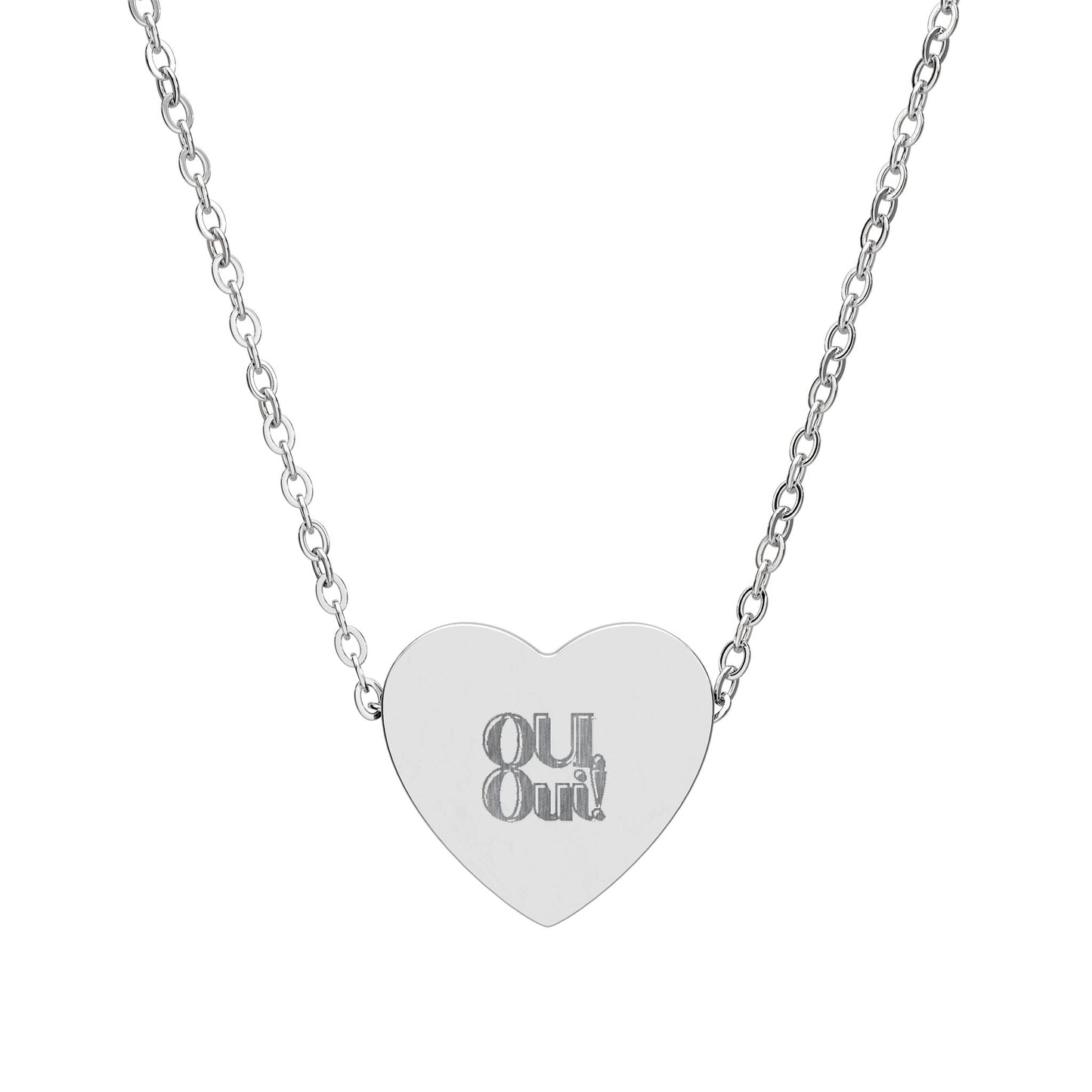 Heart-shaped pendant with 'Out Out!' engraving on a silver chain against a white background