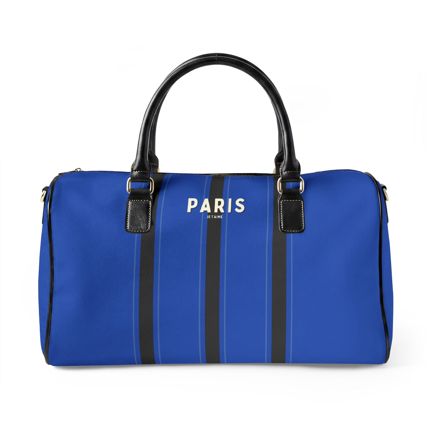 Blue duffel bag with black straps and 'Paris' text on a white background