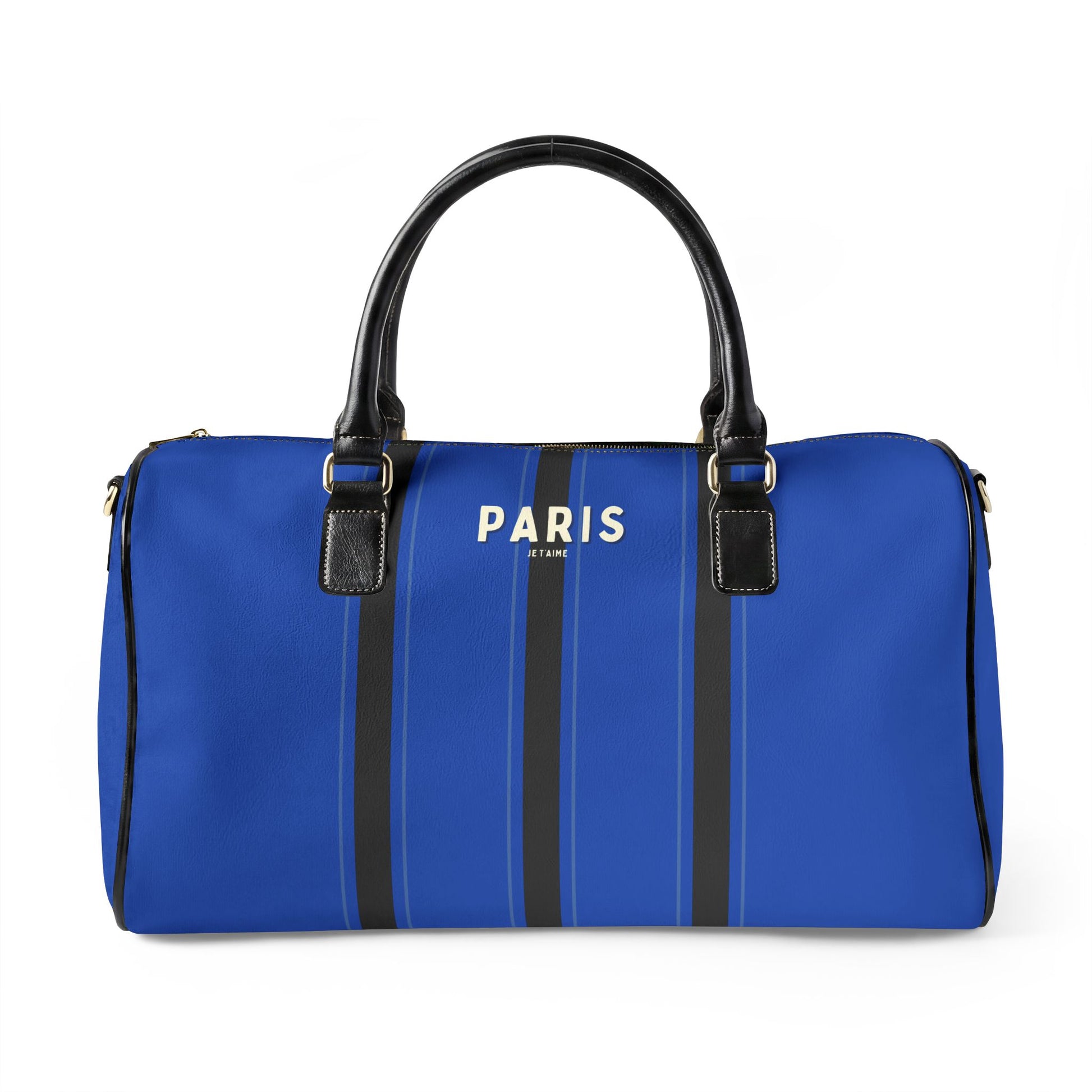 Blue duffel bag with black straps and 'Paris' text on a white background