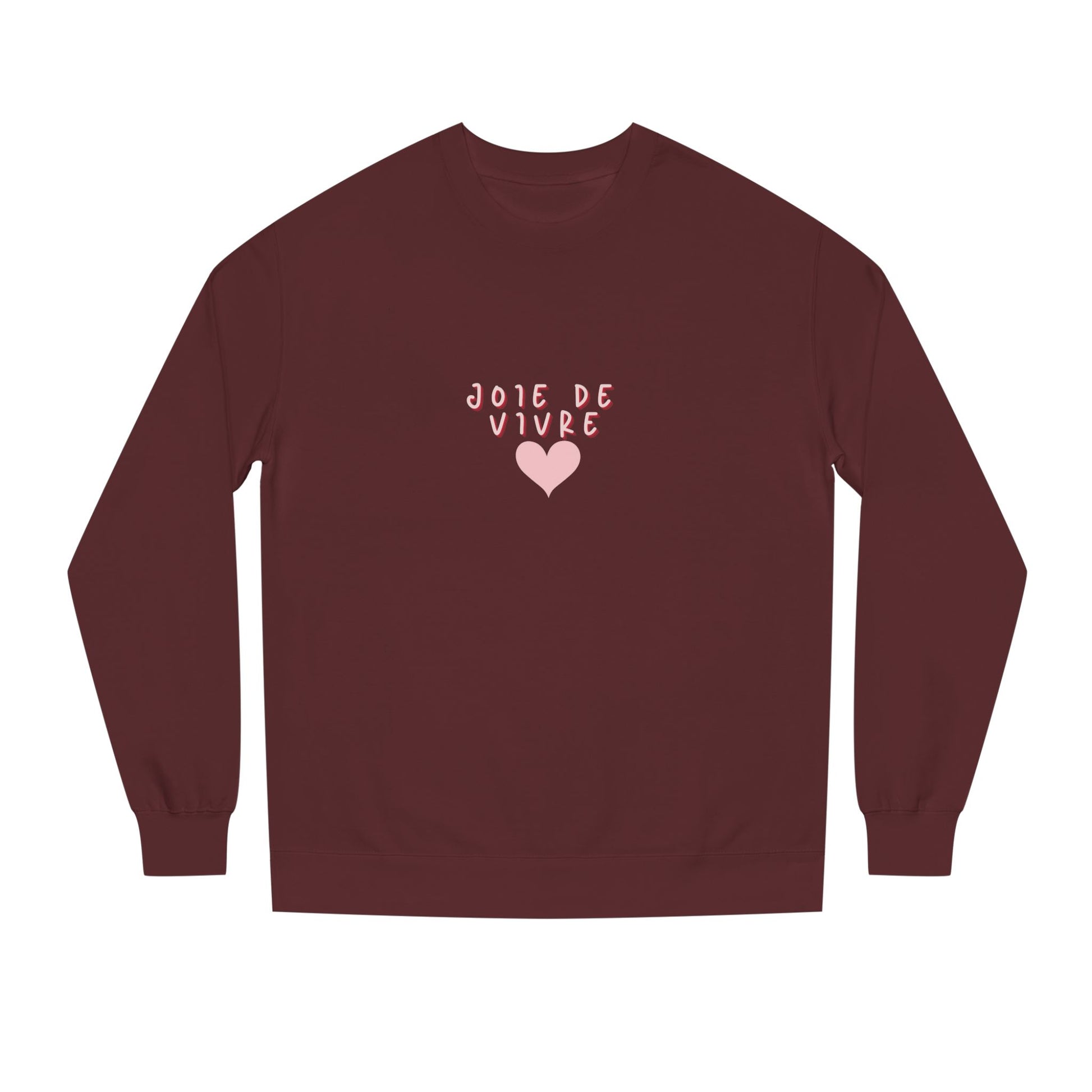 Maroon long-sleeve shirt with 'JOIE DE VIVRE' and a heart on a white background
