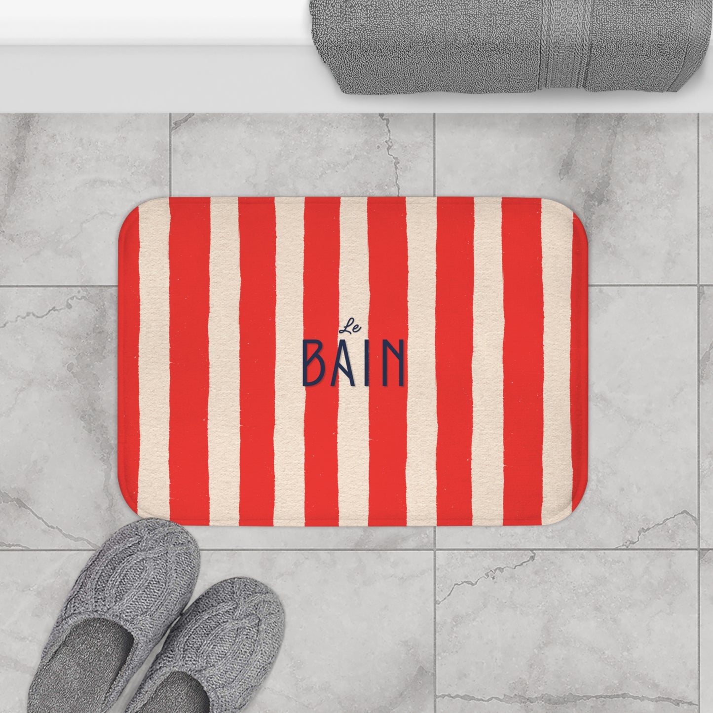 Le Bain  Red Striped Bath Mat — French Bathroom Accent Rug