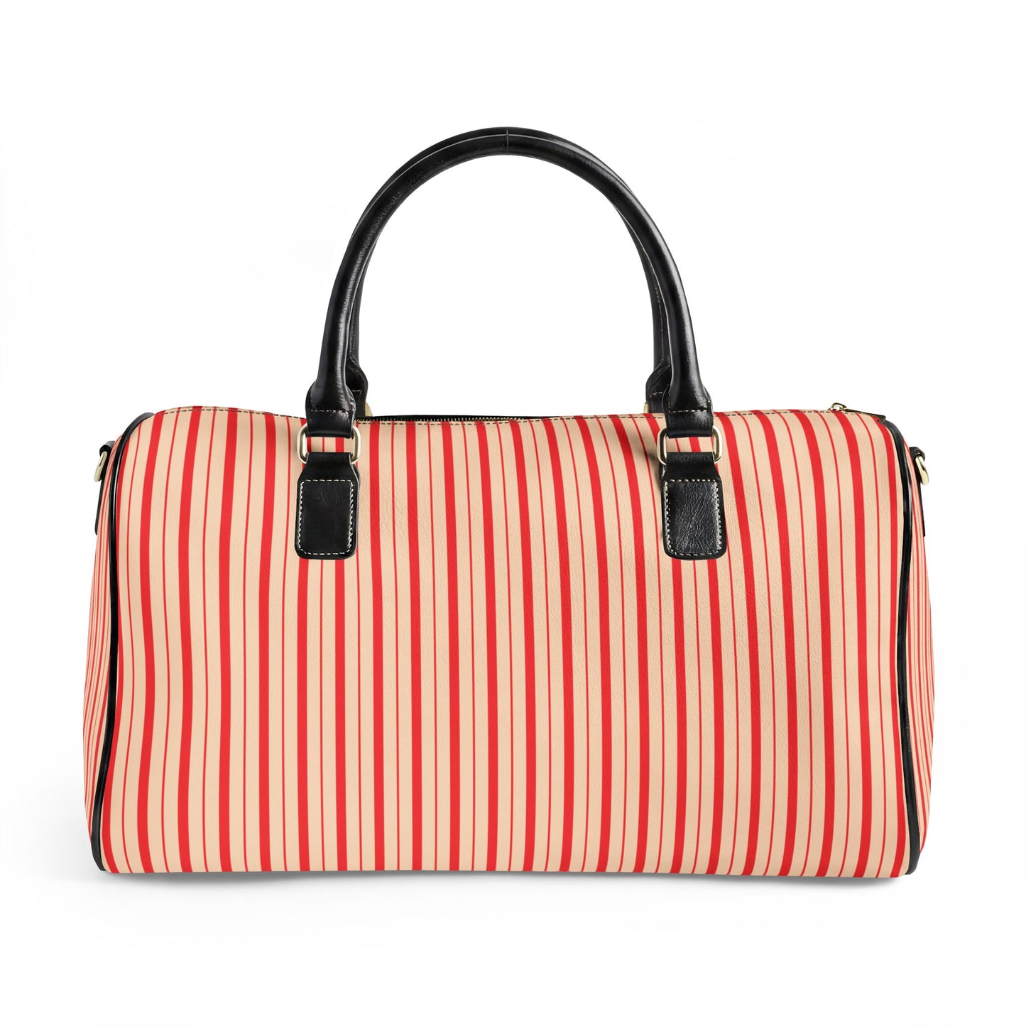 Modern Preppy Leather Travel Bag, BON VOYAGE – RED Striped Weekender Duffle