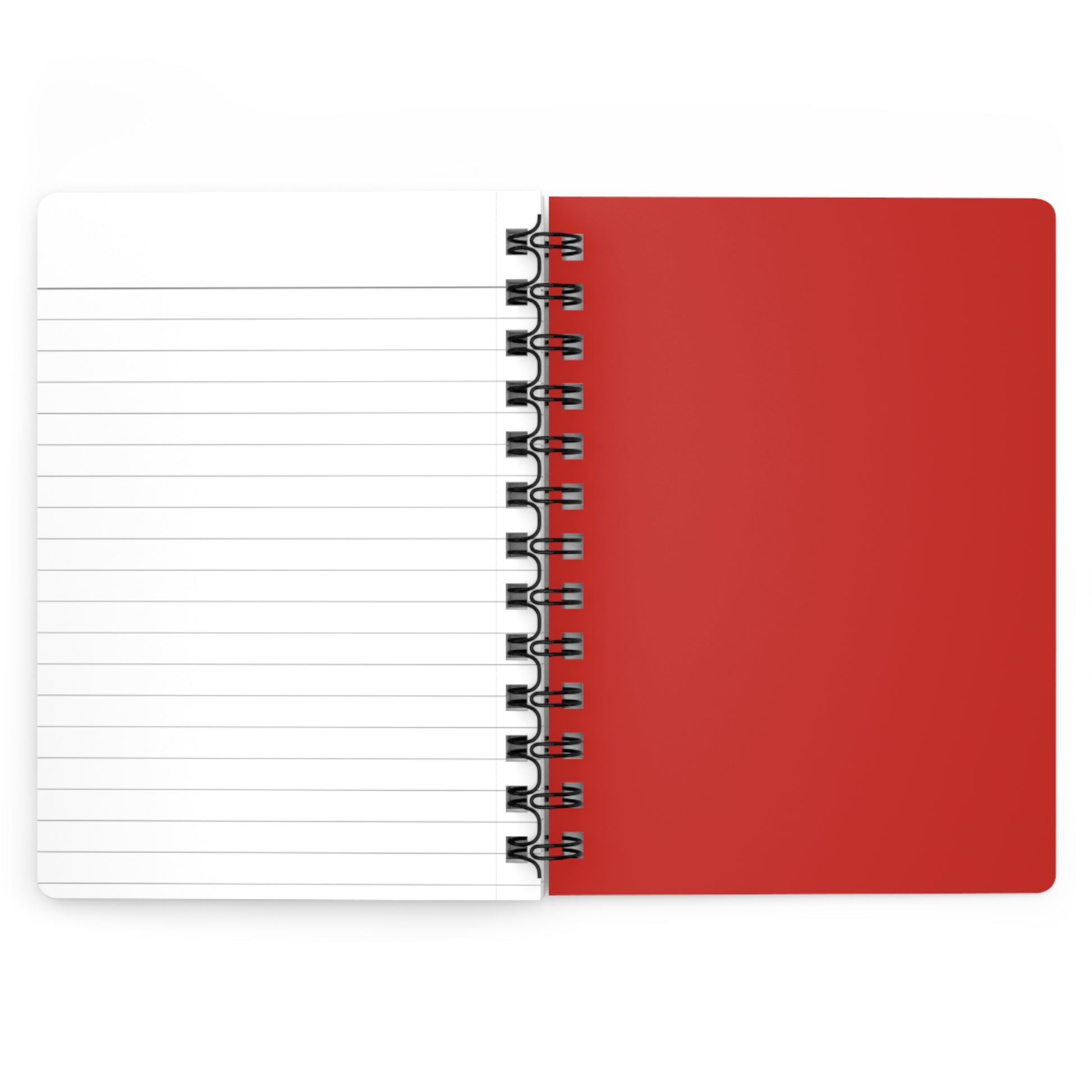 Red notebook with a white lined interior on a white background