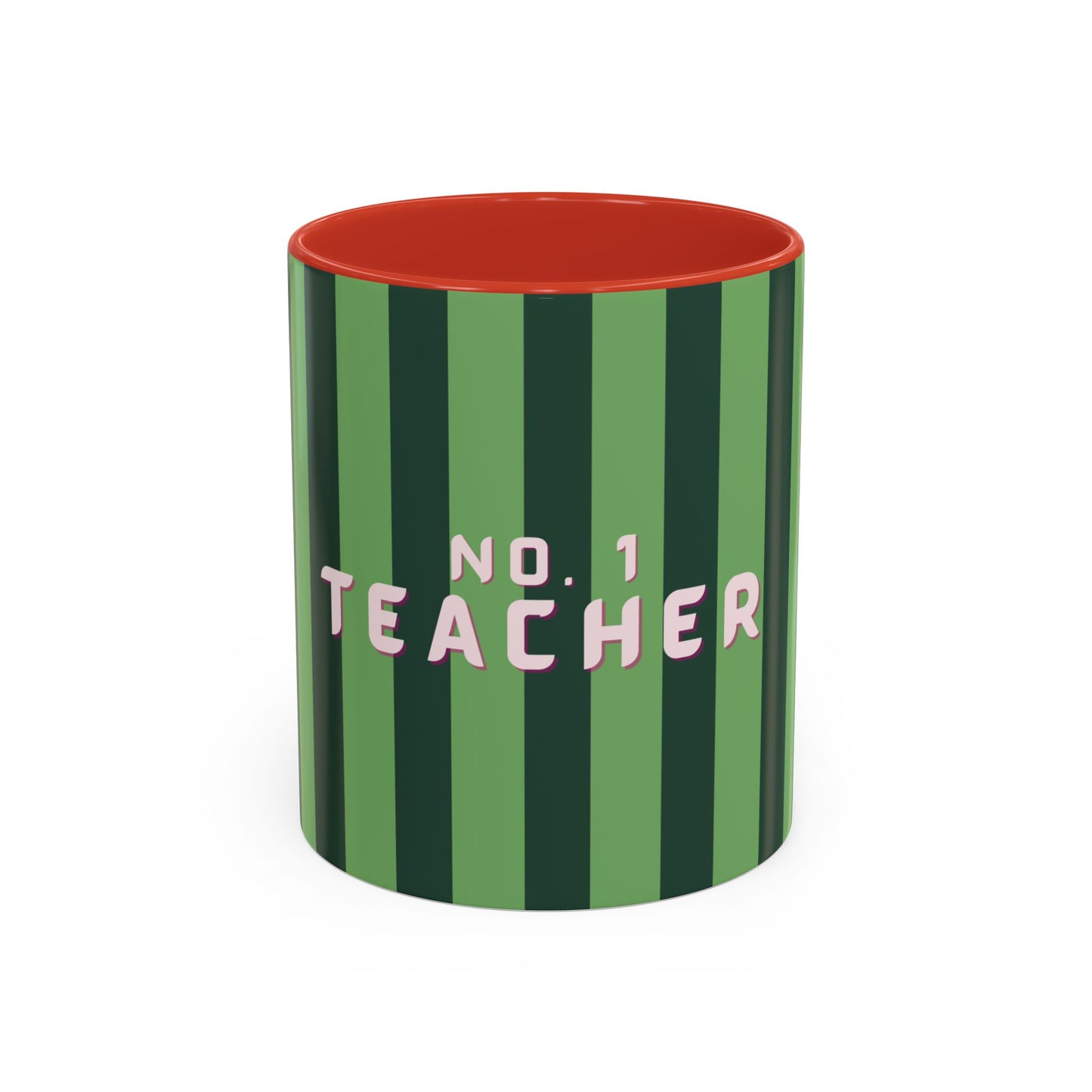 Green and red striped mug with 'No. 1 Teacher' text on a white background
