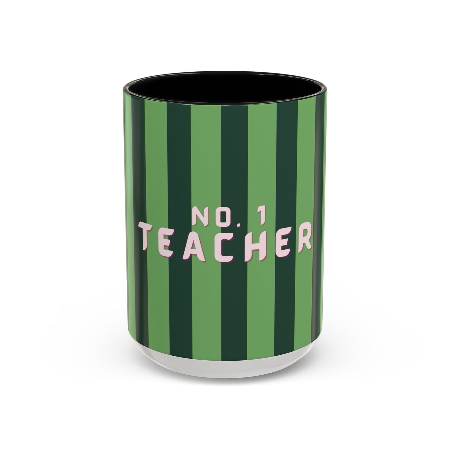 Striped mug with 'No. 1 Teacher' text on a white background