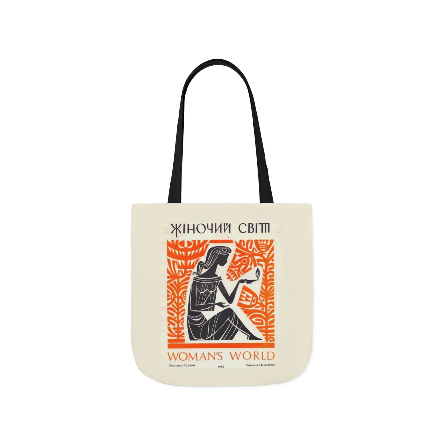 Tote bag with vintage graphic design and text on a white background