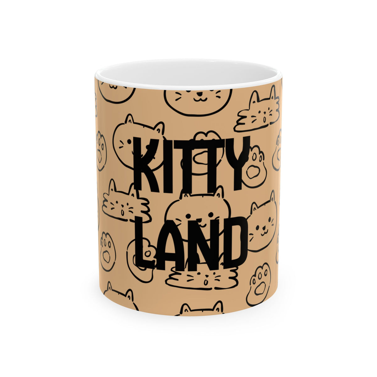 A ceramic mug with a tan background patterned with black cat illustrations and the words 'KITTY LAND' in large black letters, shown on a plain white background.