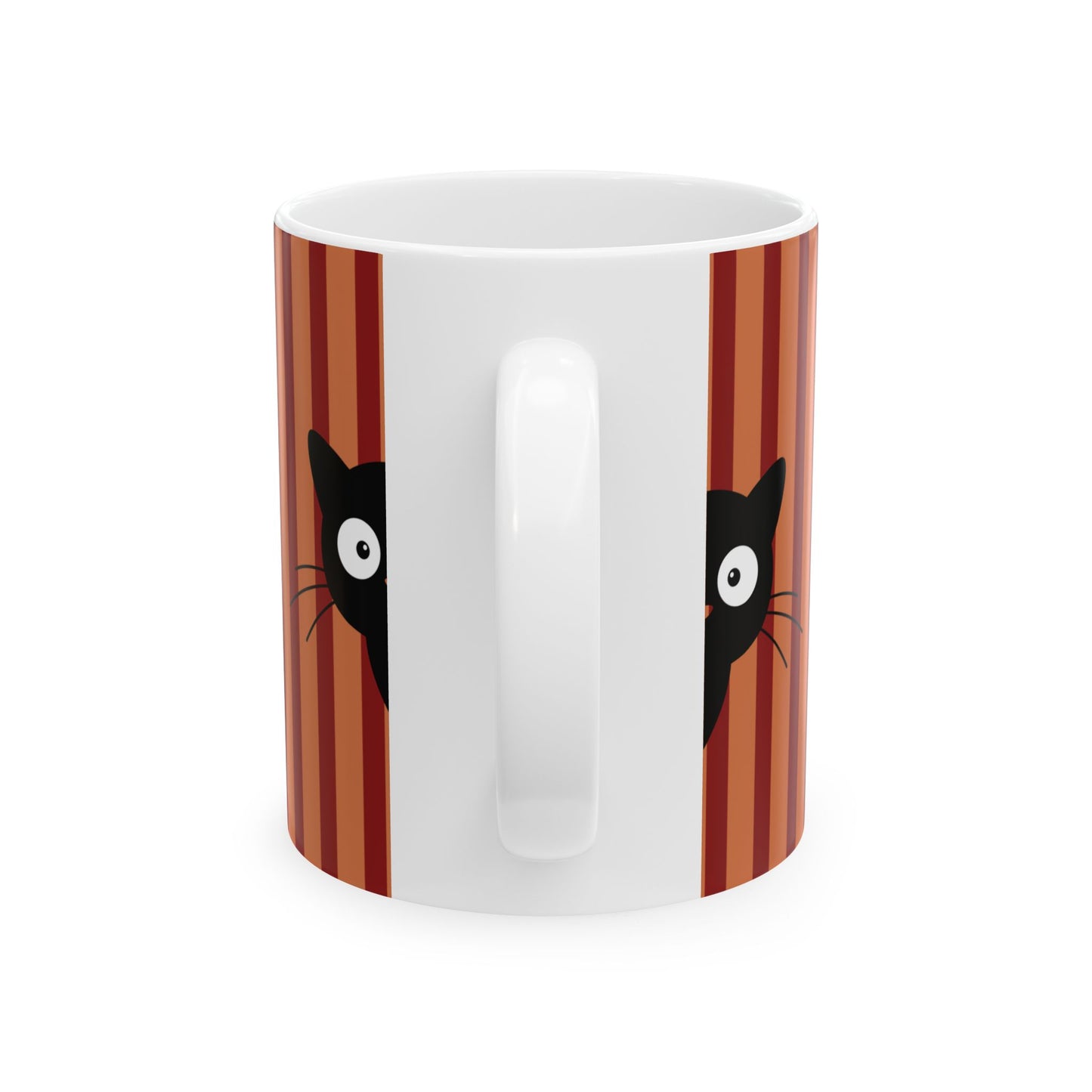 A white ceramic mug featuring a design of two black cats peeking out from behind vertical reddish-brown and orange stripes on both sides.