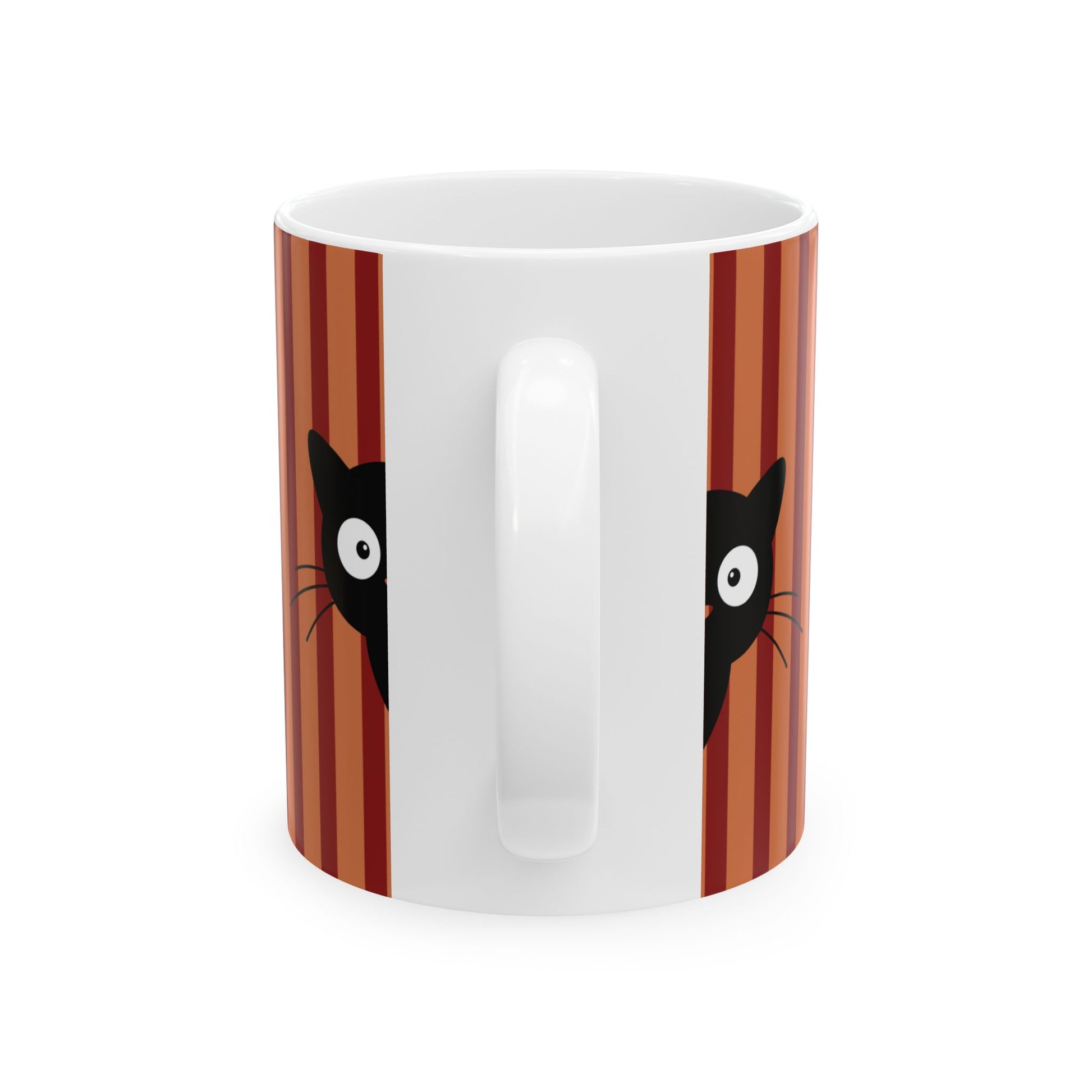 A white ceramic mug featuring a design of two black cats peeking out from behind vertical reddish-brown and orange stripes on both sides.