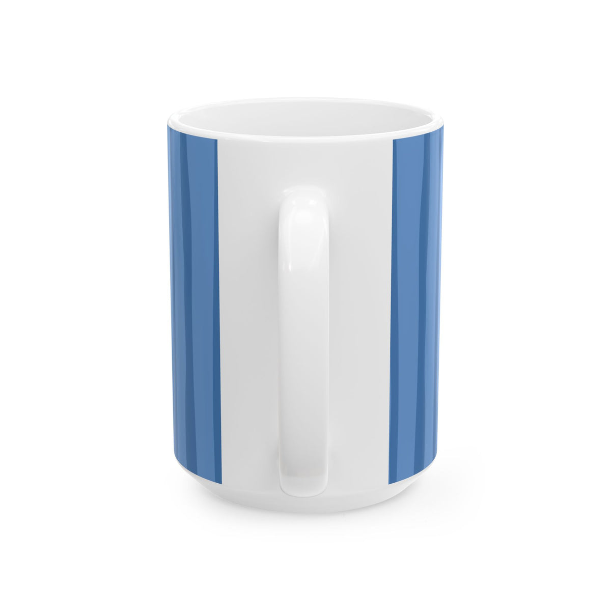 A white ceramic mug with a handle, decorated with two vertical blue stripes on either side of the handle, shown against a plain white background.