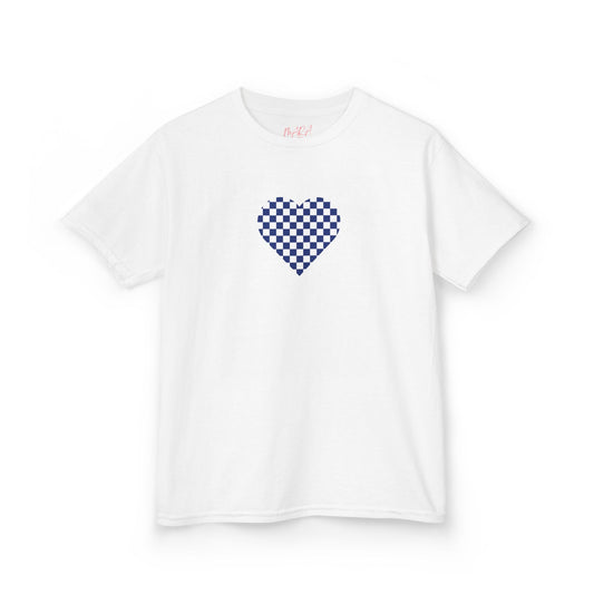 White t-shirt with a blue checkered heart design on a white background