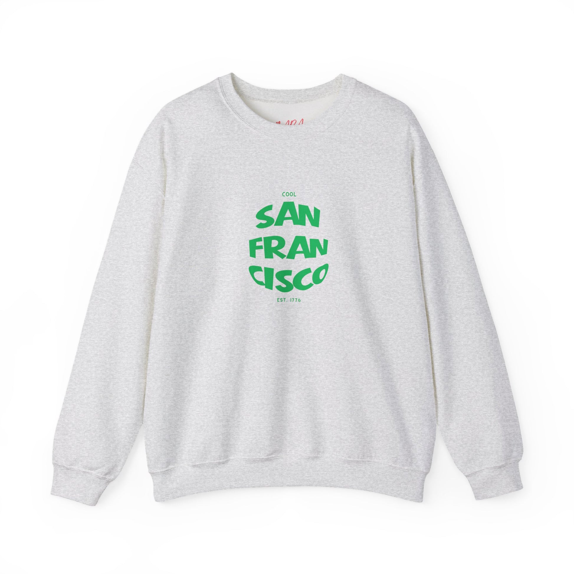 Gray sweatshirt with green 'San Francisco' text on a white background