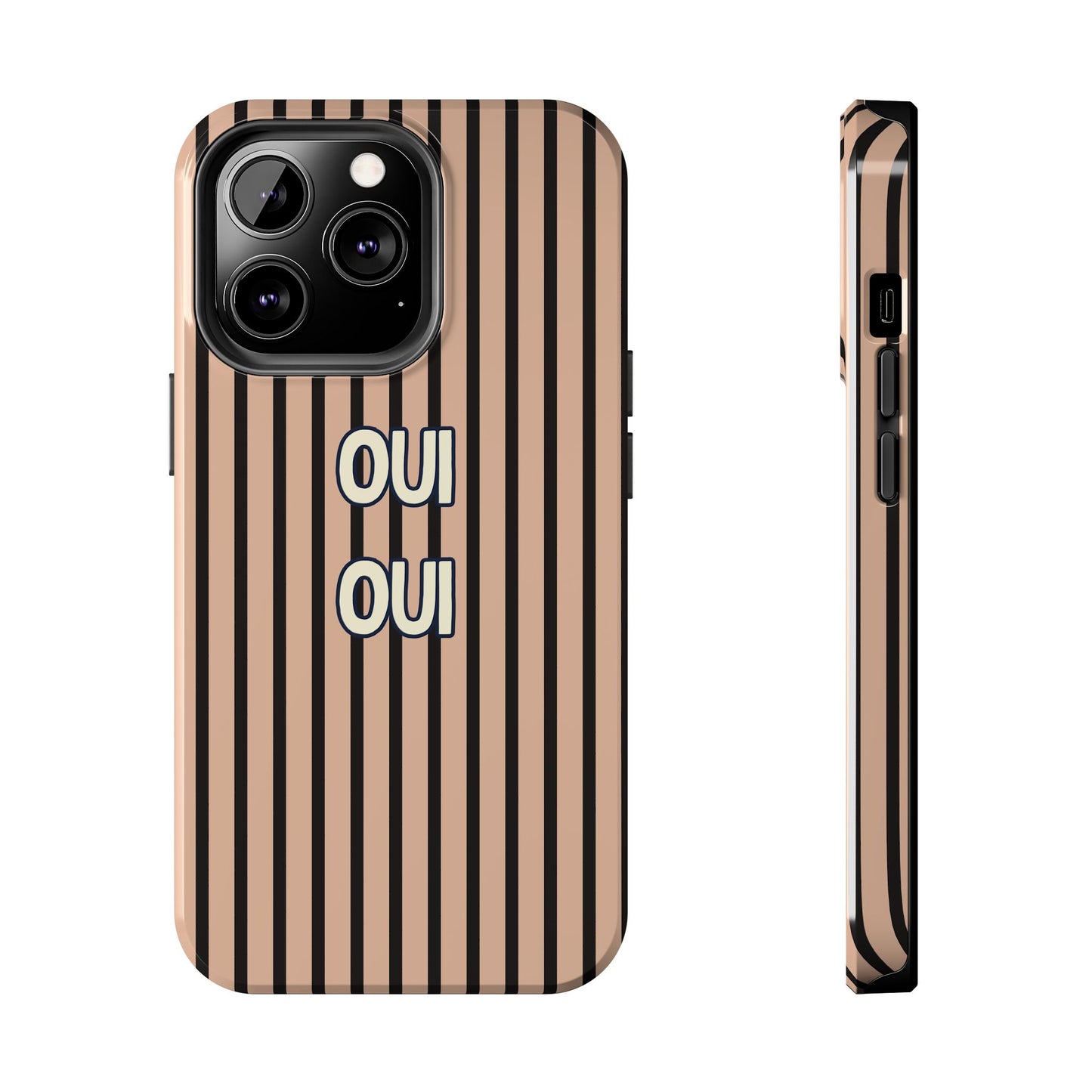 Phone case with striped pattern and 'OUI' text on a white background