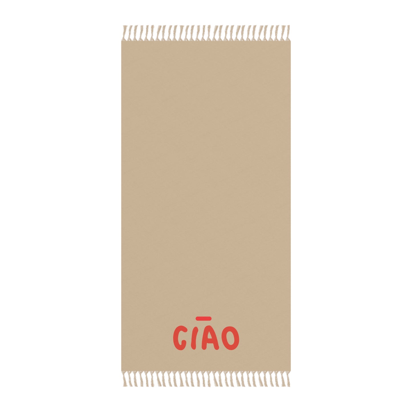 Beige towel with 'CIAO' text in red on a white background