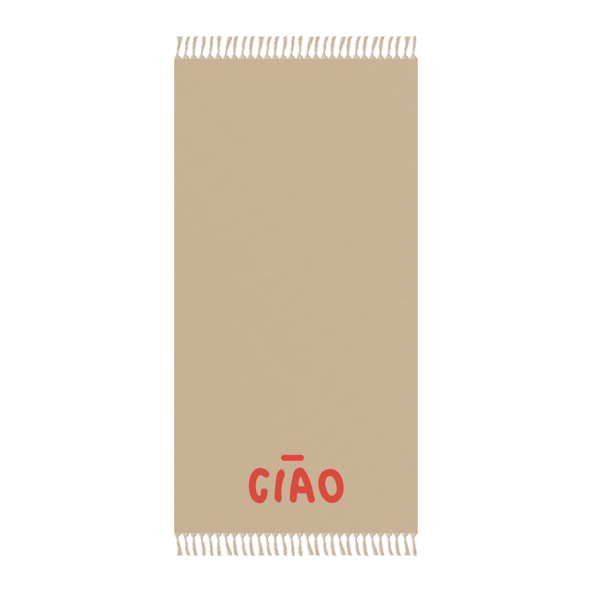 Beige towel with 'CIAO' text in red on a white background