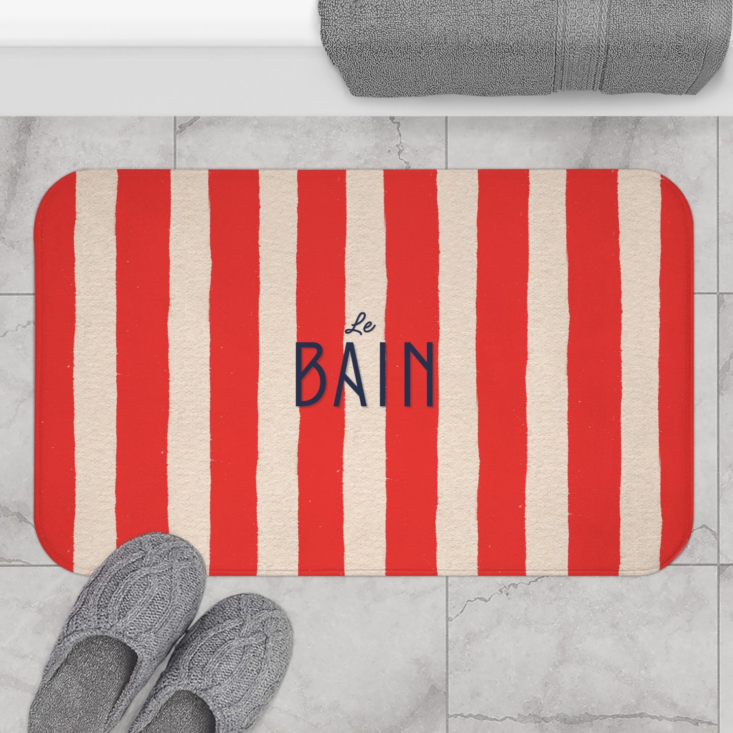 Le Bain  Red Striped Bath Mat — French Bathroom Accent Rug